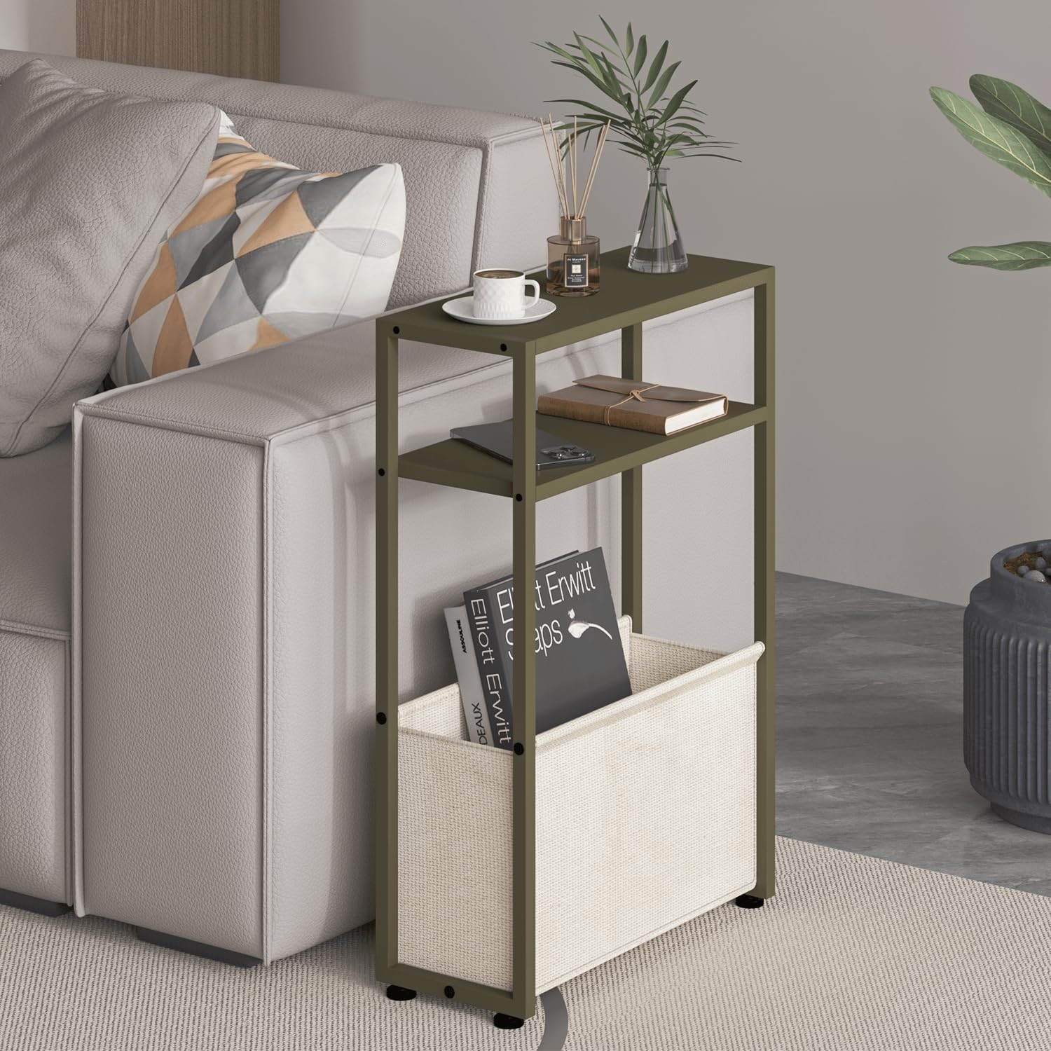Narrow Side Table Durable Slim End Tables W/ Fabric Basket Table Small Spaces US