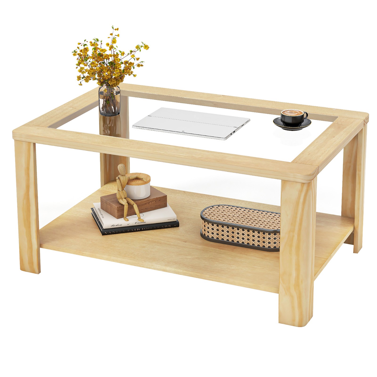 2-Tier Coffee Table w/ Tempered Glass Tabletop & Storage Shelf Rounded Corners