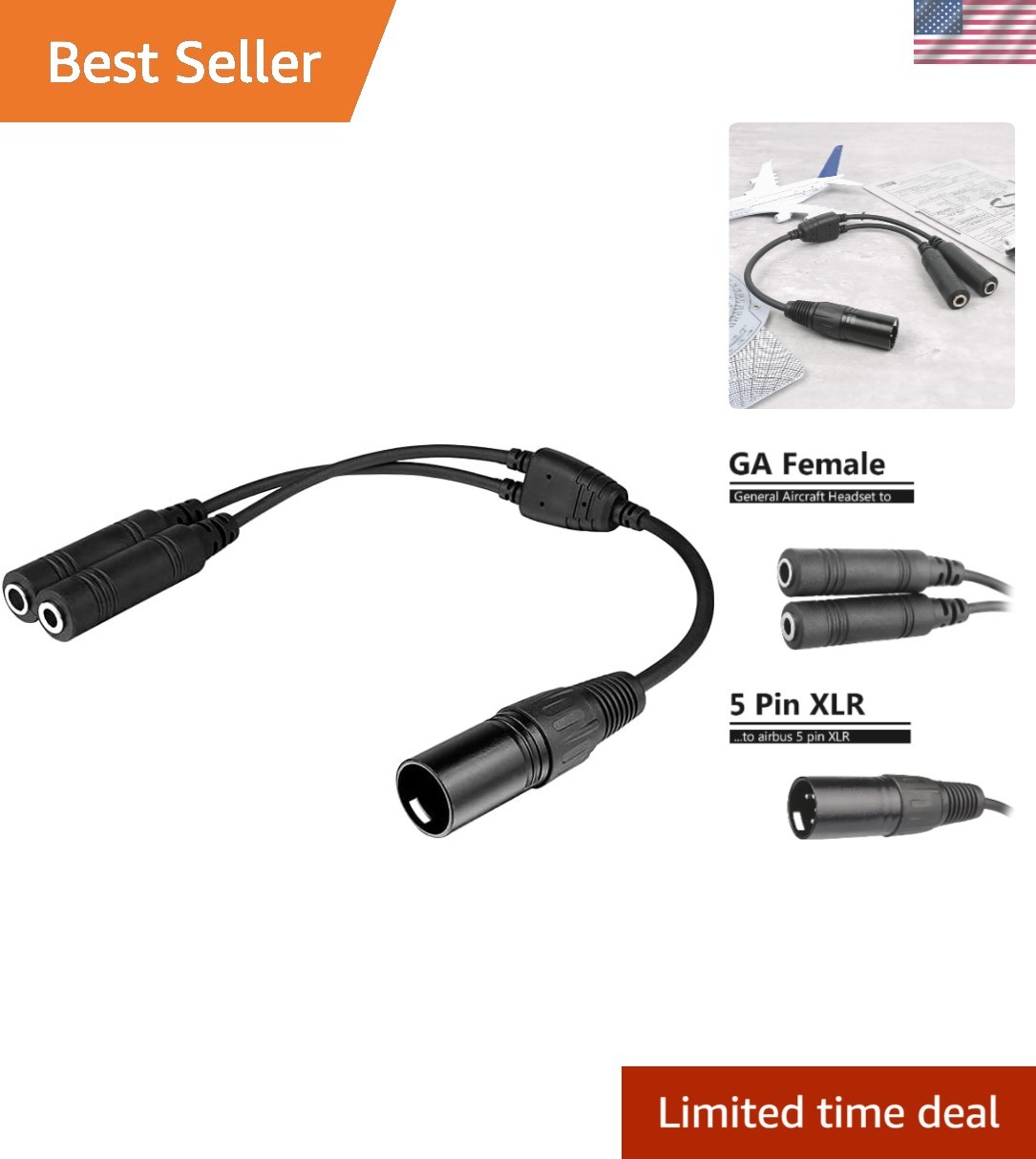 Black GA Dual Plugs to Airbus 5 Pin XLR Headset Adapter - Durable Design
