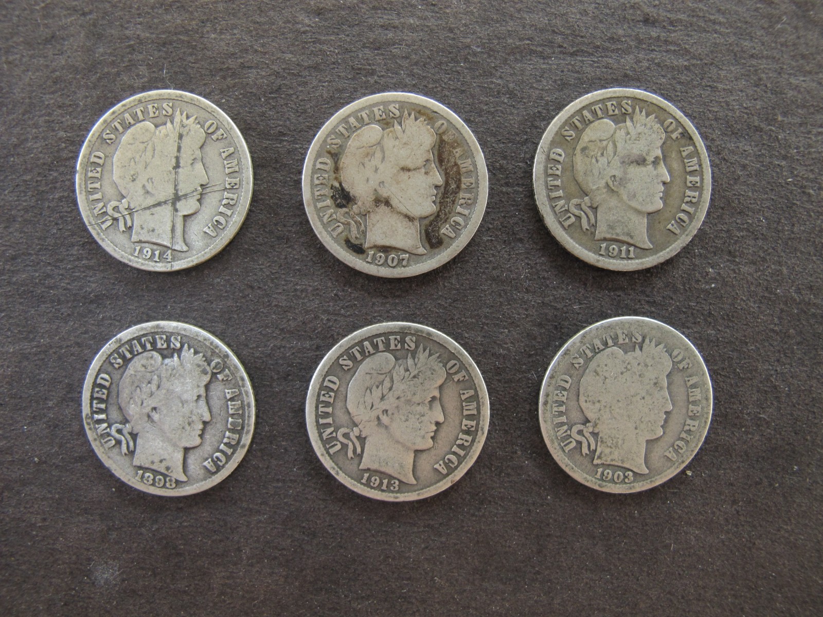 Barber Silver Dimes Lot of 6 Different Dates