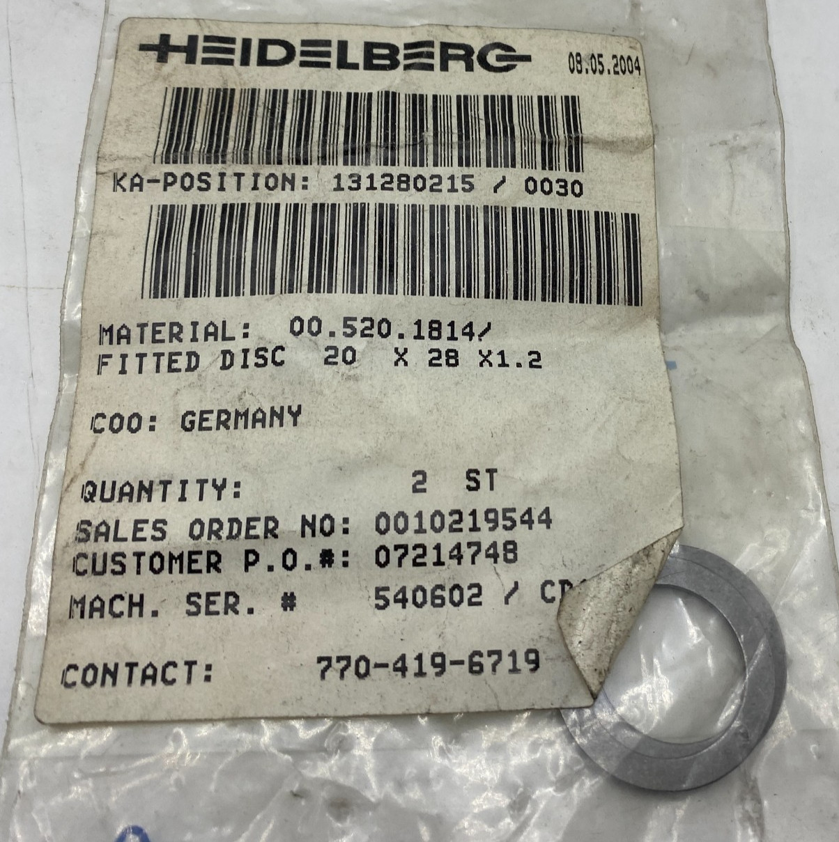 PACK OF 2 HEIDELBERG 00.520.1814 FITTED DISC 20 X 28X1.2, 005201814 NEW 🎯