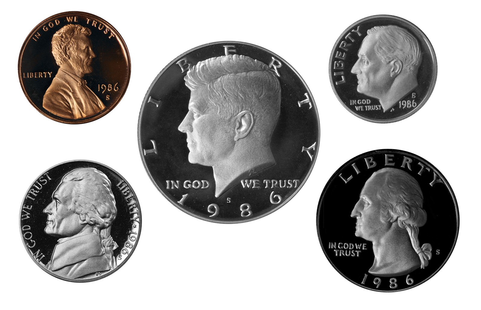 1986 -S Proof year Set - Coins ONLY - 5 Coins