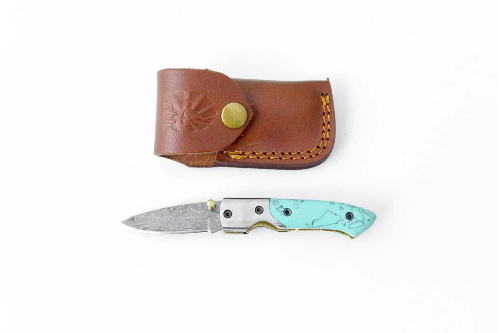 Hand-Forged Damascus Steel Folding Knife Turquoise & Resin Handle EDC
