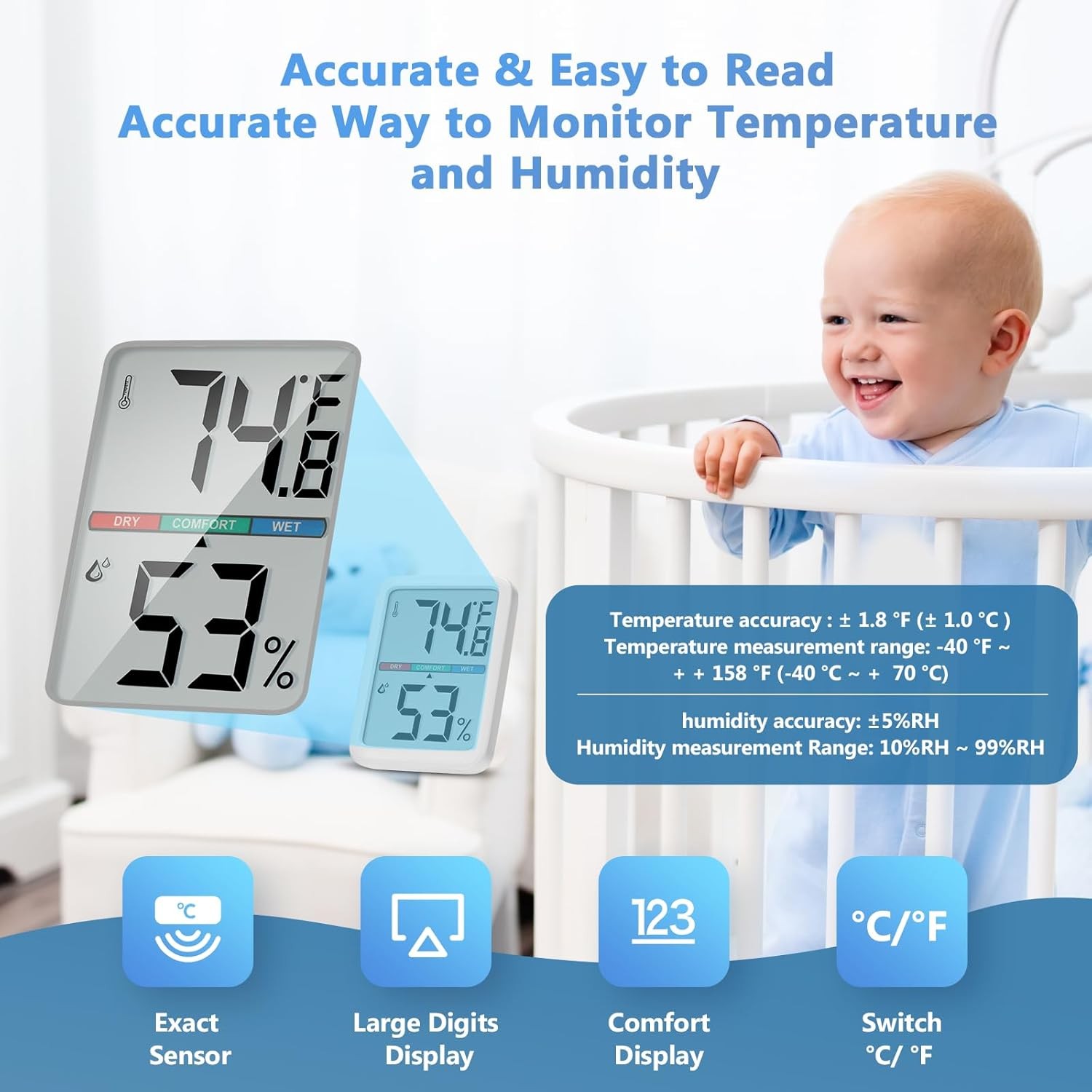 Digital Thermometer Hygrometer, Large LCD Screen Room Thermometer Temperature, W