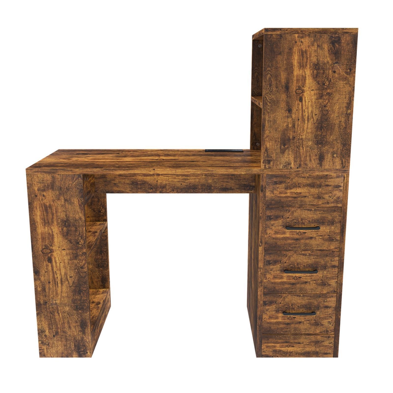 Carbonized Wood Finish Computer Desk with Charging Station Drawers Shelves