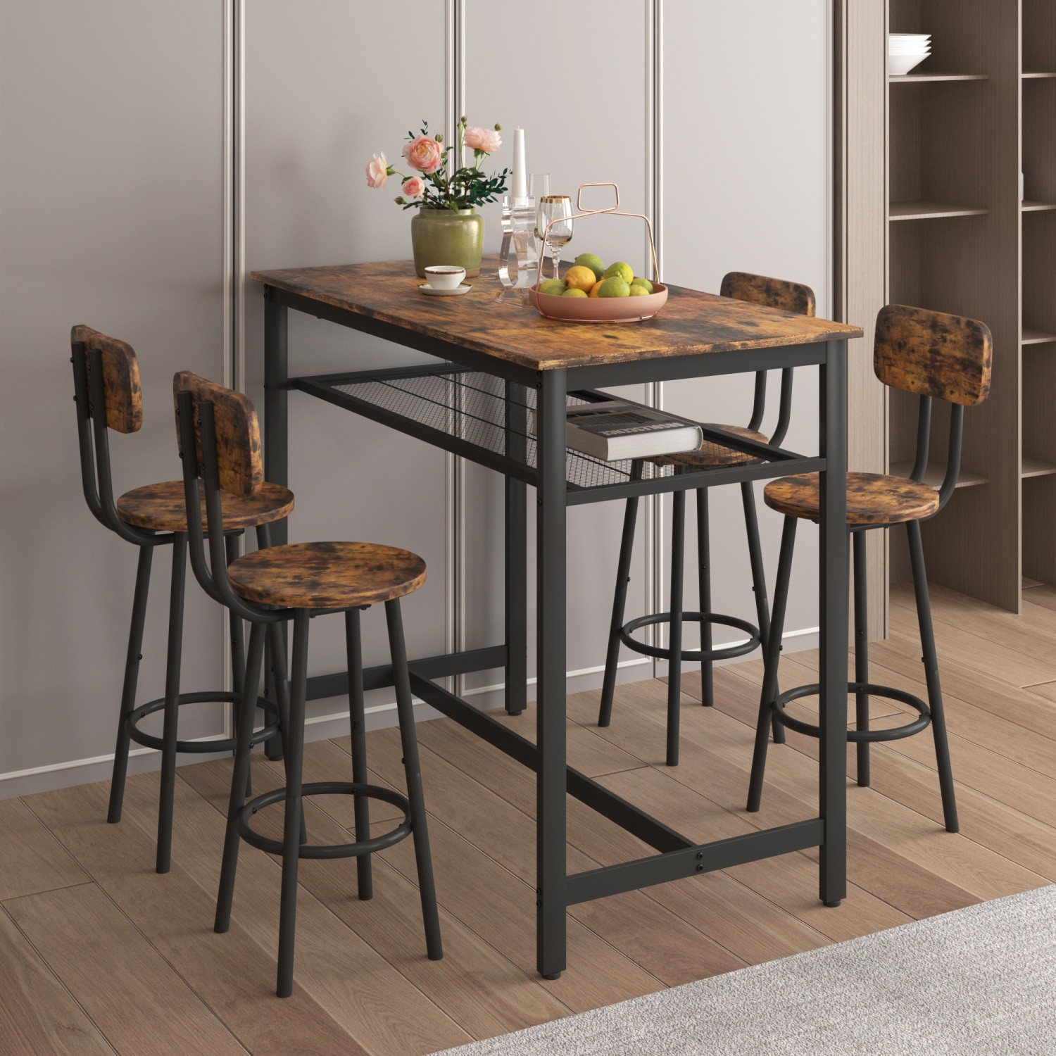 5 Piece Bar Table Set Kitchen Counter Height Table Dining Table w/ 4 Bar Stools