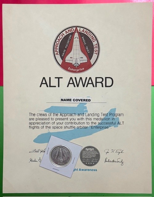 ENTERPRISE ALT APPROACH TEST & LANDING AWARD CERTIFICATE &FLOWN METAL IN COIN
