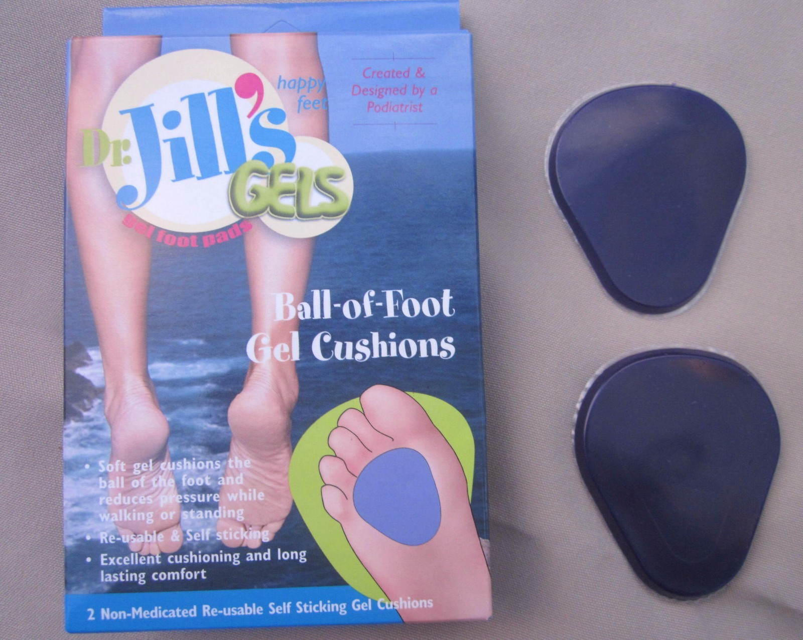 Gel metatarsal pads ball of foot Dr Jill cushion NEW in box stick to foot re-use