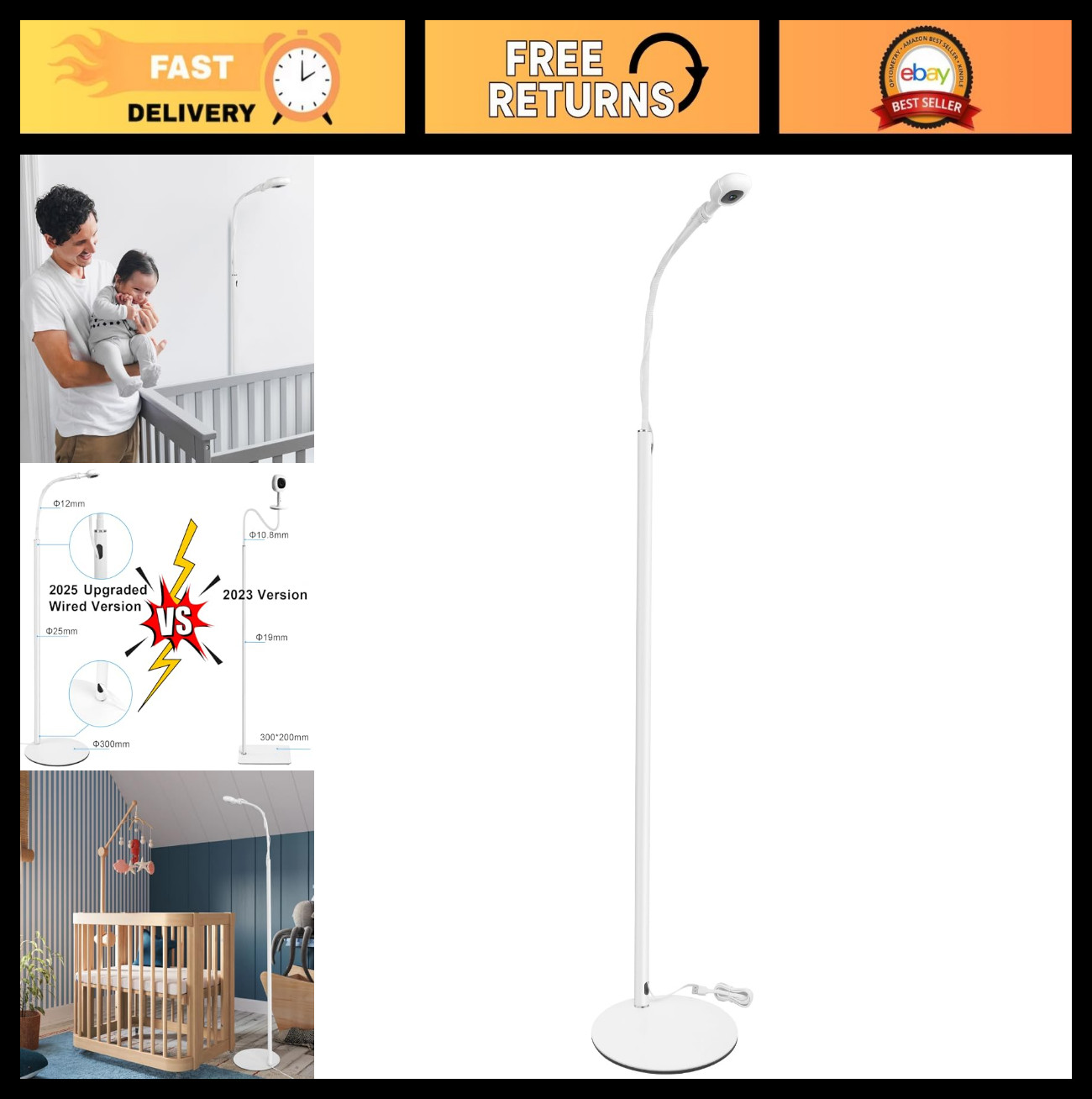 Adjustable Floor Stand for Baby Monitor, Gooseneck Swivel Mount, Tool-Free Setup