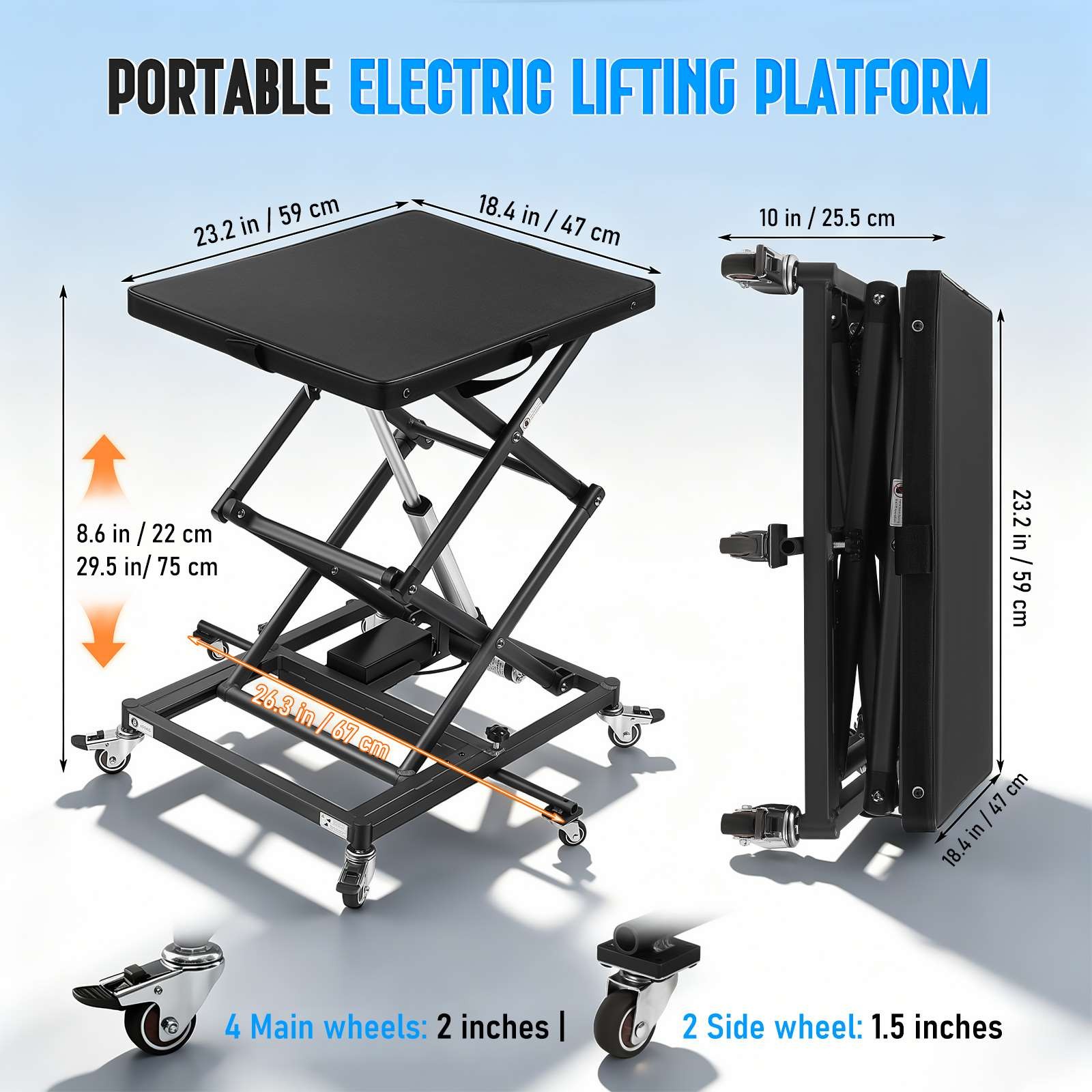 Portable Wheelchairs and Scooters Lift with 6 Wheels, 22-75cm Height Adjustable