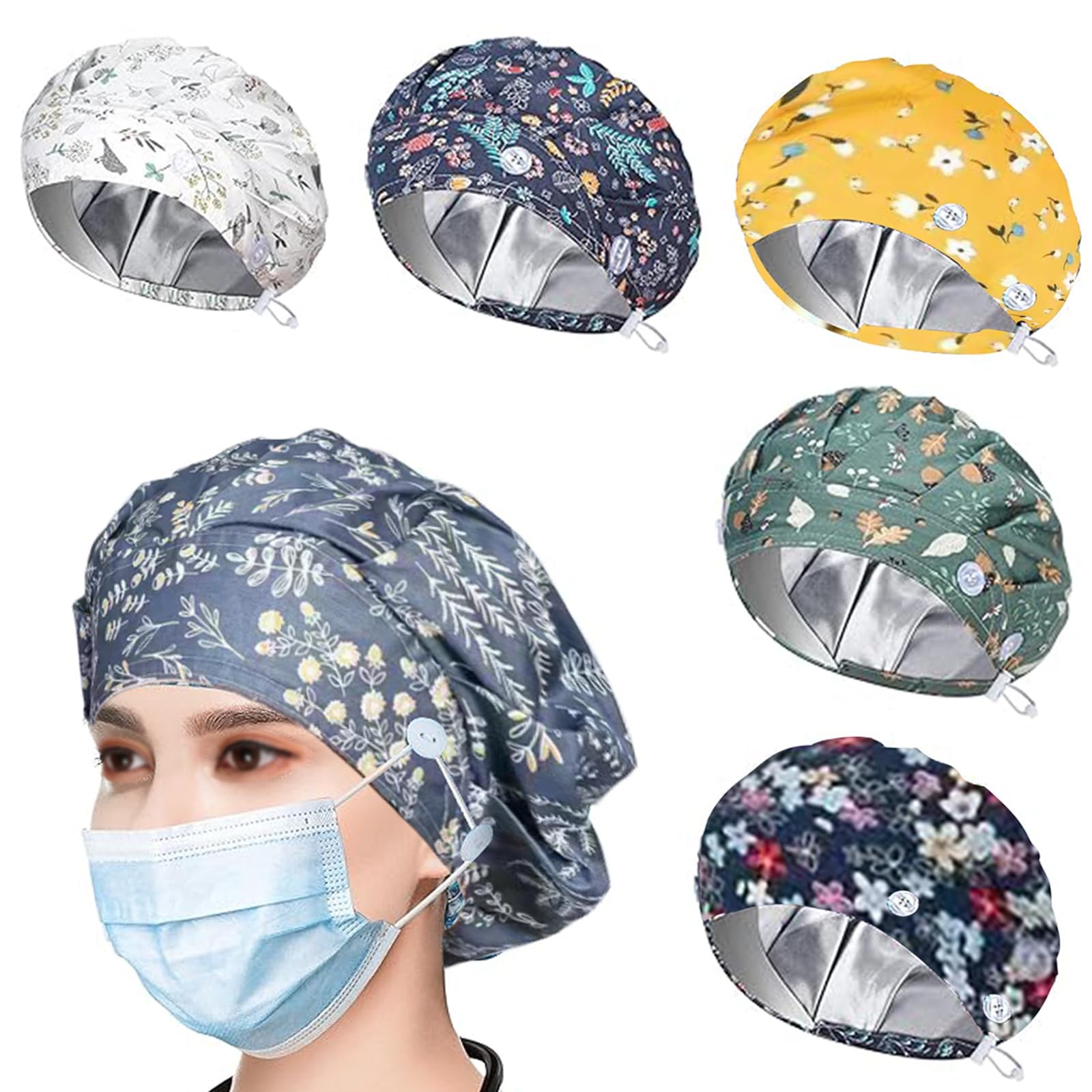 6 PCS Bouffant Scrub Caps Satin Lined, Adjustable, Button, Sweatband,Multi Color