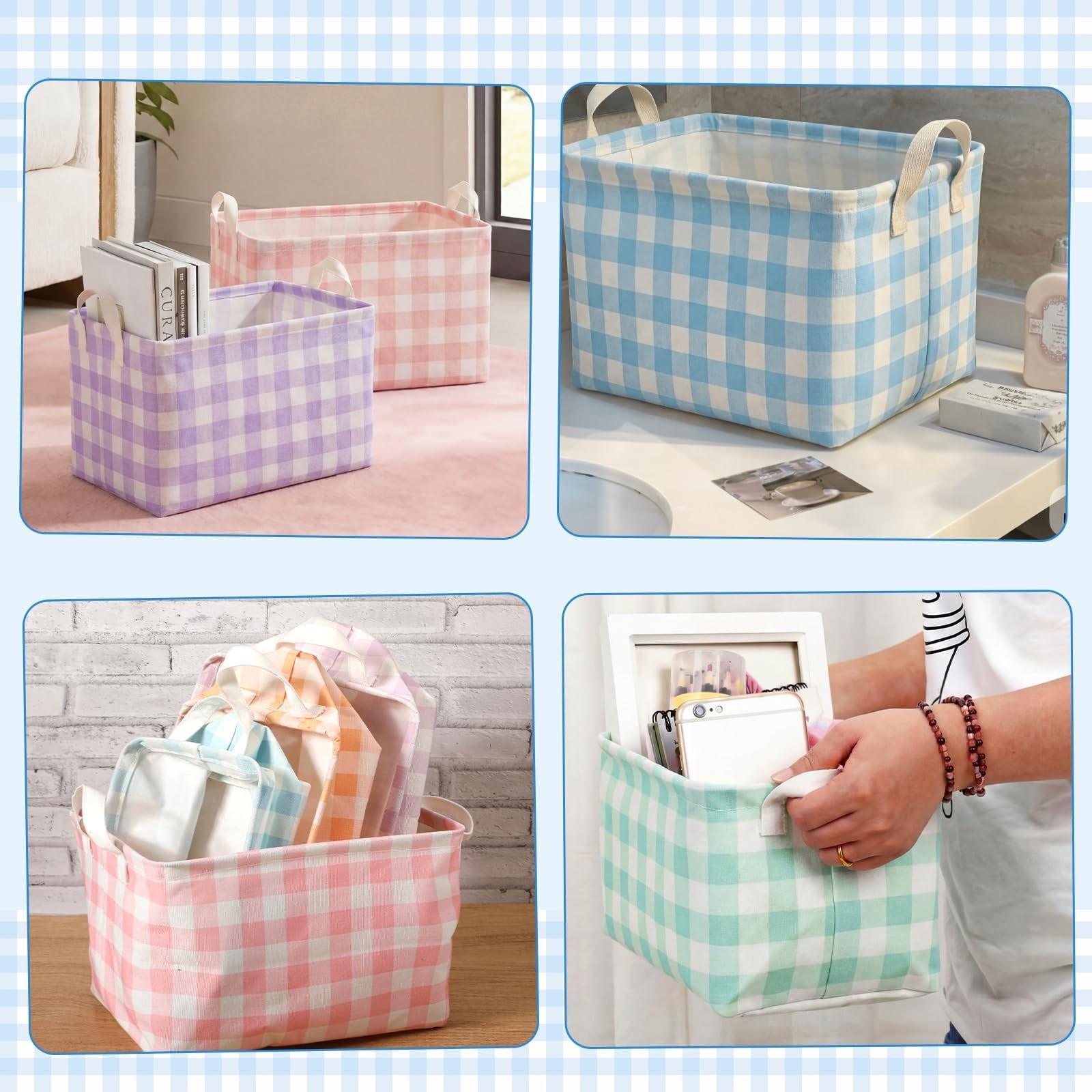 6 Pack Plaid Canvas Baskets Rectangular Storage Bins Collapsible Decorative O...