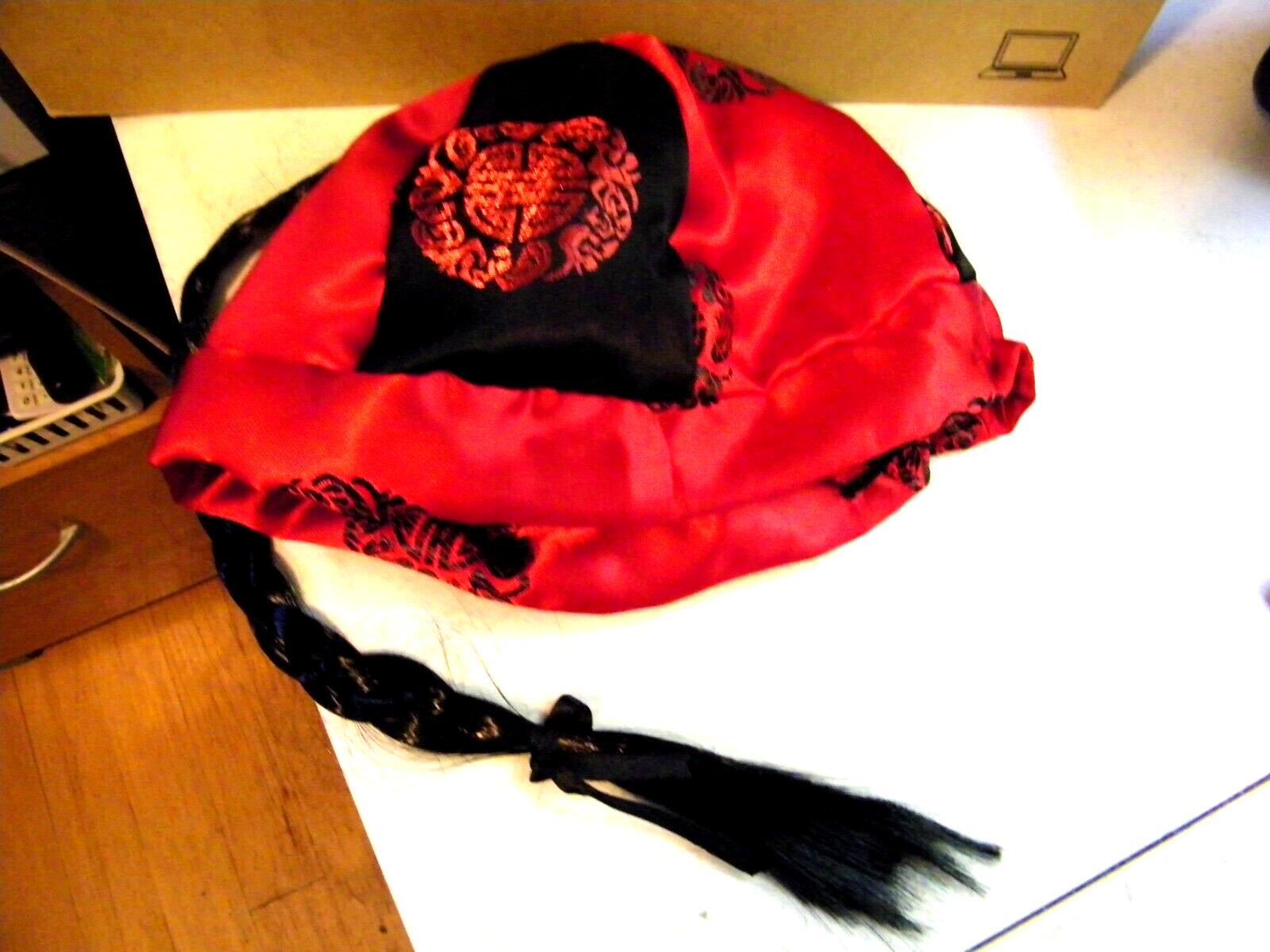 Asian Cap red & black with attached black yarn braided pigtail Hat-adult-new