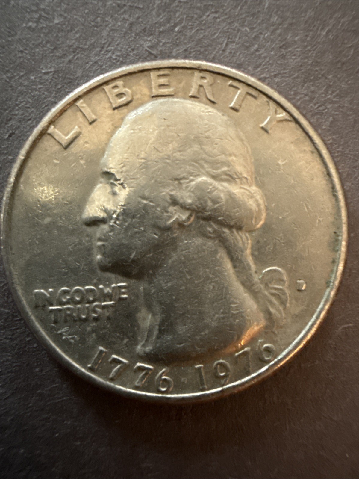 1776-1976 D US Bicentennial Quarter ERROR Coin Filled Mint Mark 6g. "In COD We"