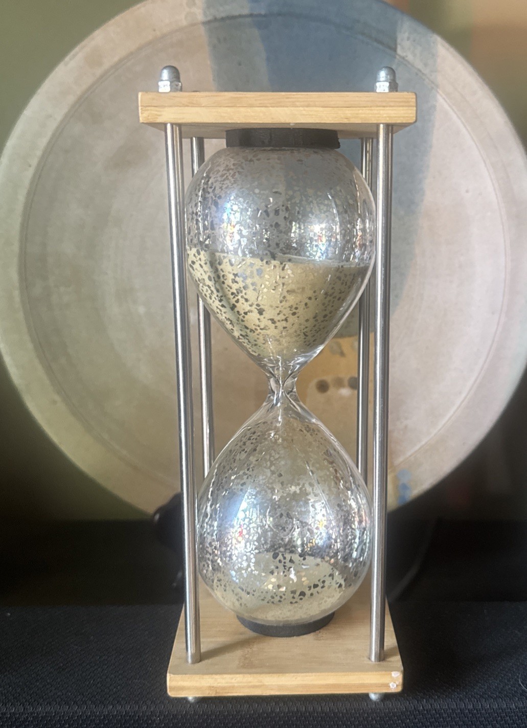 Sand Hourglass Silver and Glass + Wood, Base, Grey Sand  10" Tall * Vintage