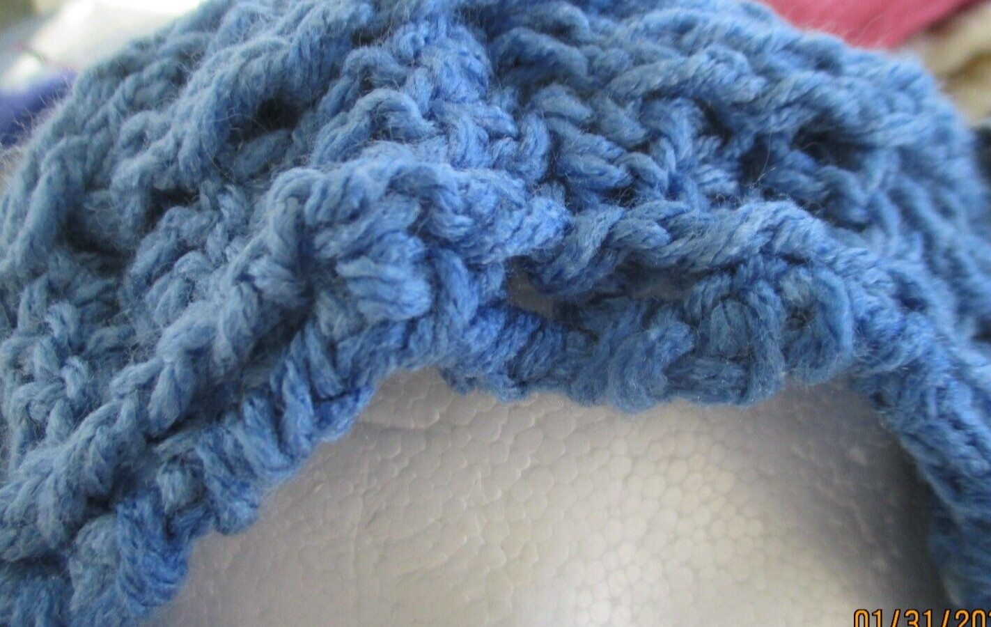 Ladies Crocheted Bucket Hat SHADES OF BLUE w/ Large Blue Button Acrylic Adult Sz
