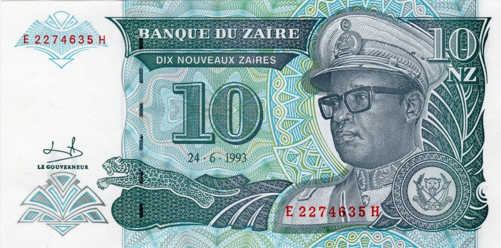 Banknote Zaire P55a 10 Nouveaux Zaires 1993
