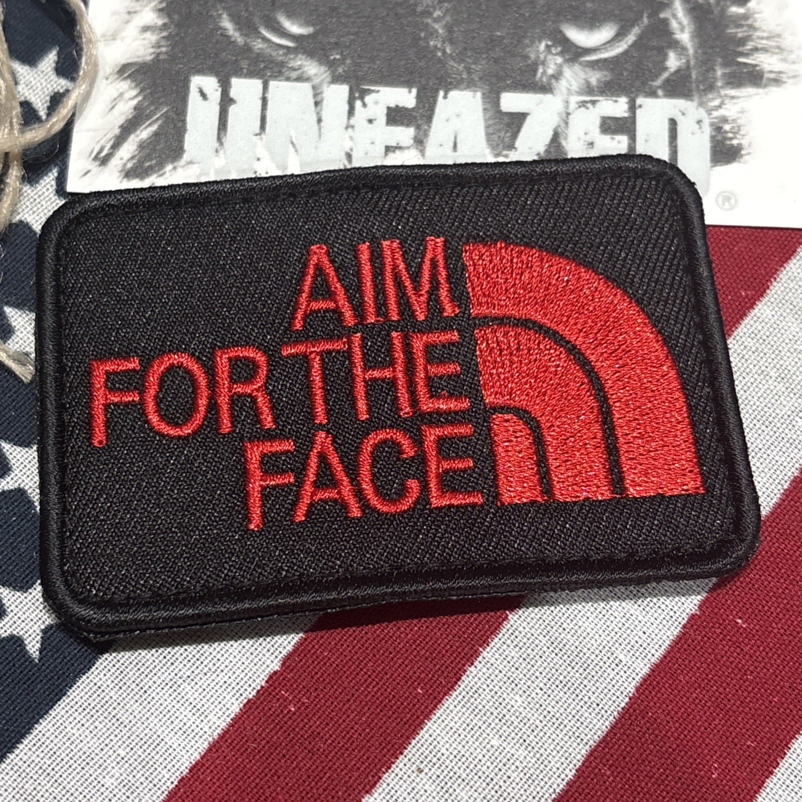 Aim For The Face Spoof Bk Red Patch Hook & loop High Quality Embroidery 3x2”