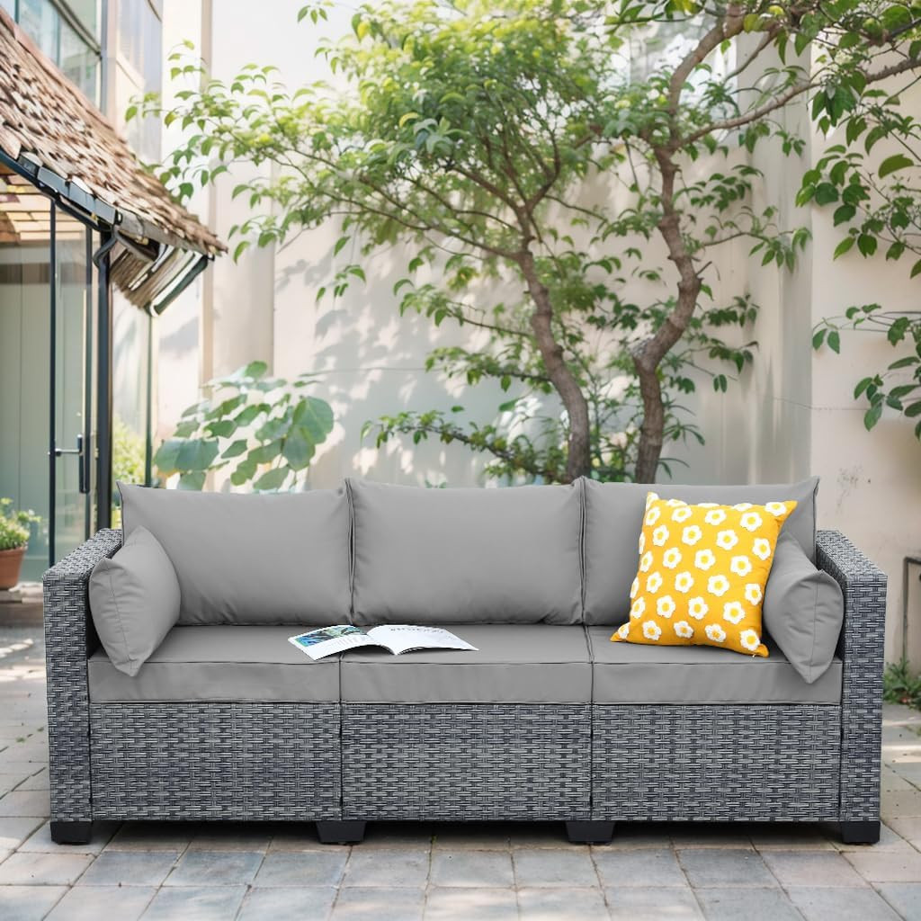 Wicker Patio Couch Outdoor 3-Seat Sofa with All-Weather Rattan Deep Seater Outdo