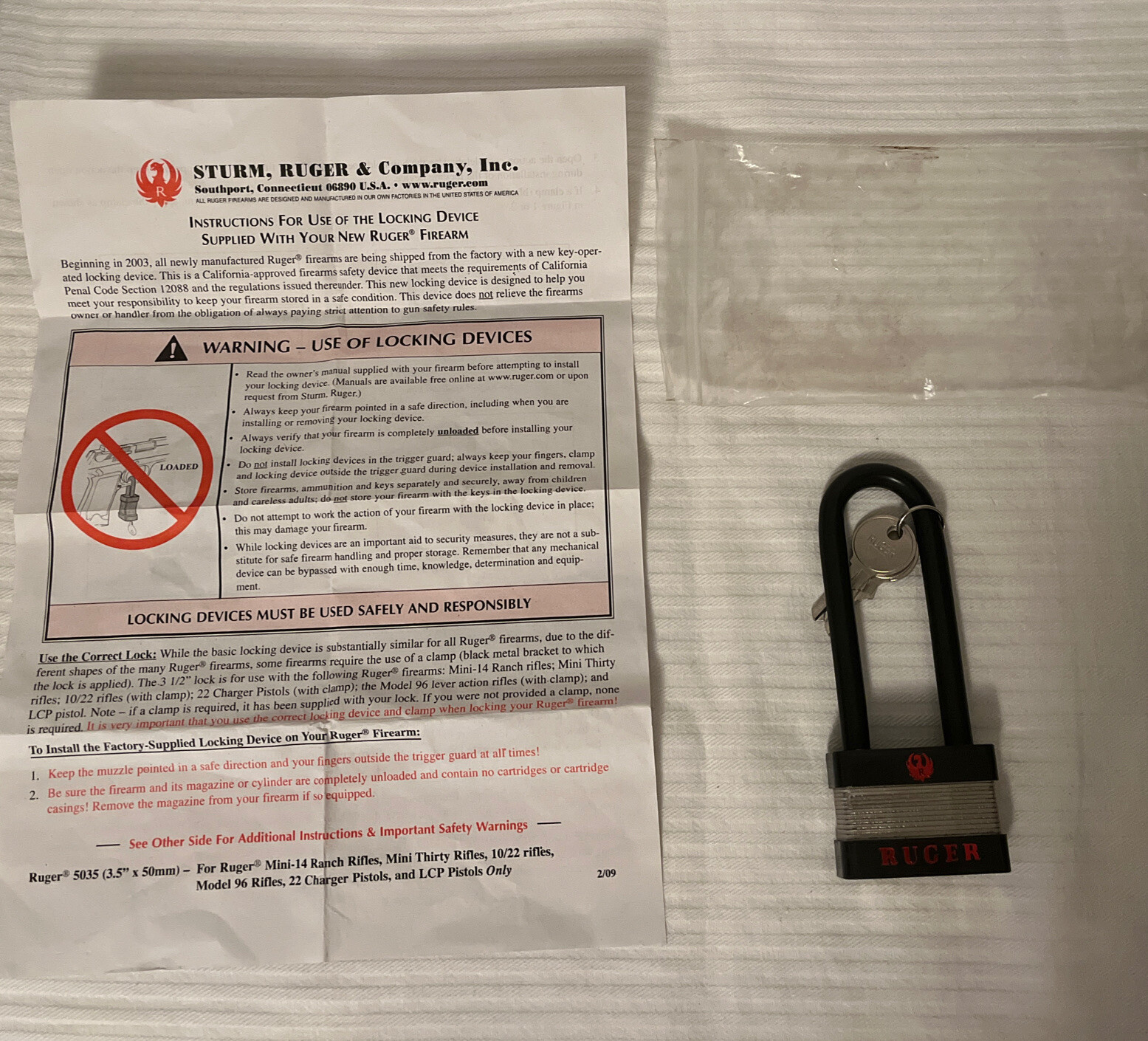 Ruger Firearms Heavy Duty Lock Model 5035A Comes 2 Keys & Instructions New