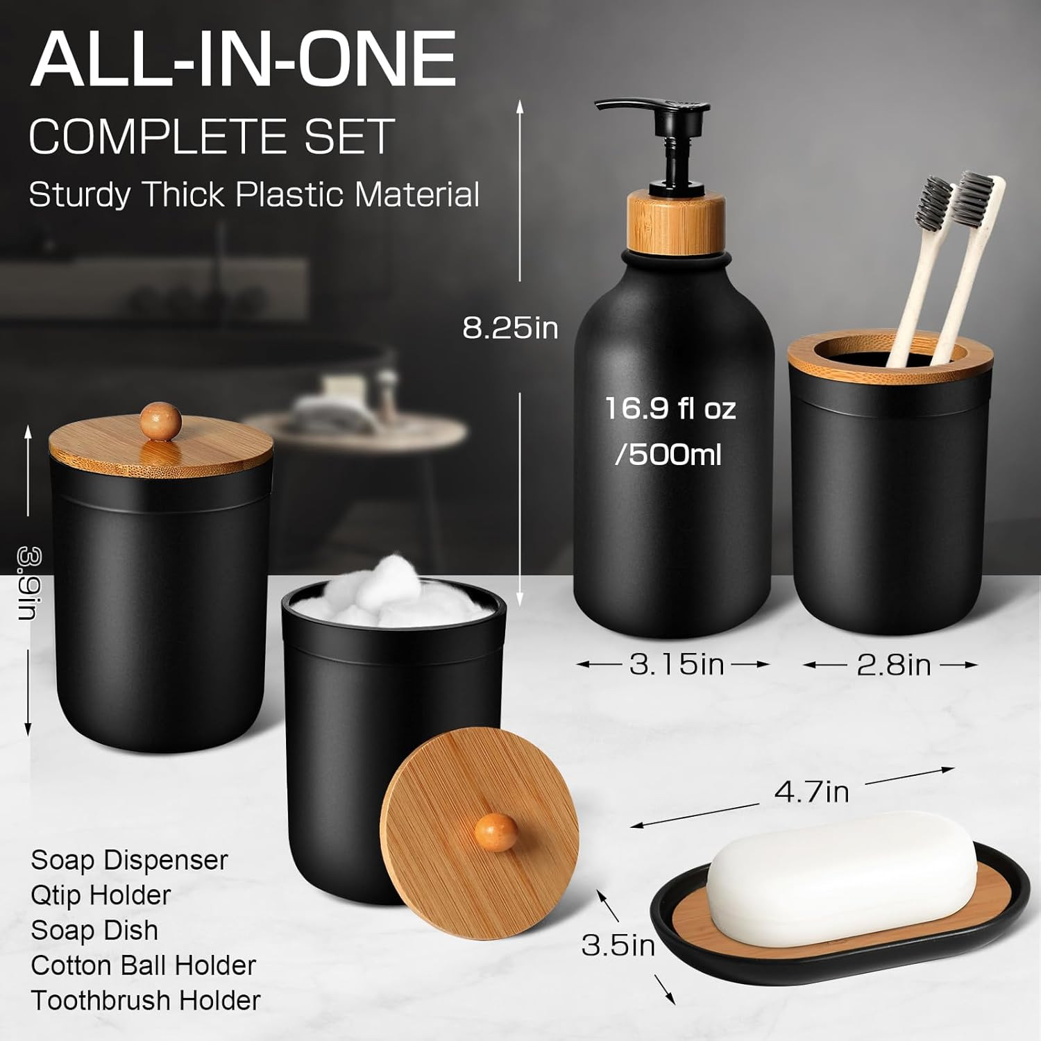 Black Bathroom Accessories Set 5 Pcs, Matte Black Bathroom Accessories, Plastic