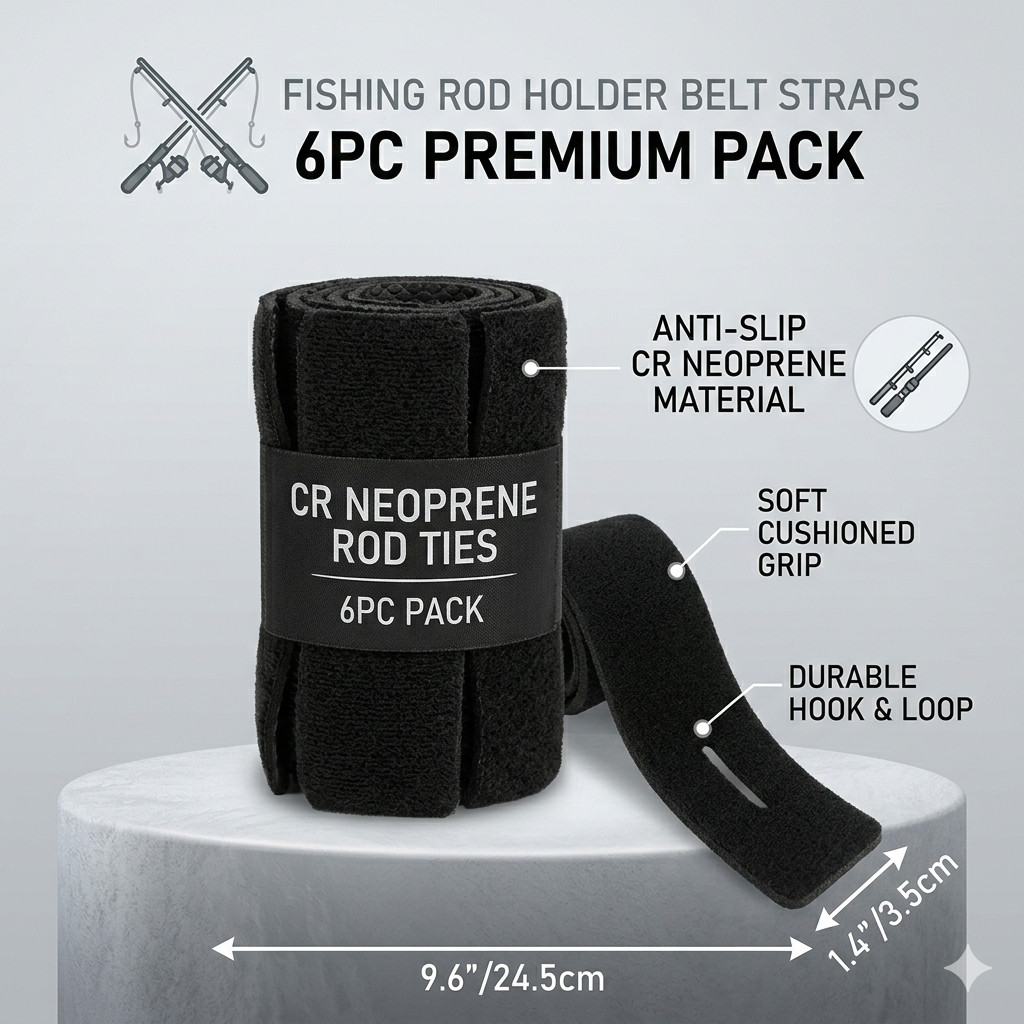 6 Pack Neoprene Fishing Rod Straps - Non-Slip Rod Ties & Protective Wrap Holders