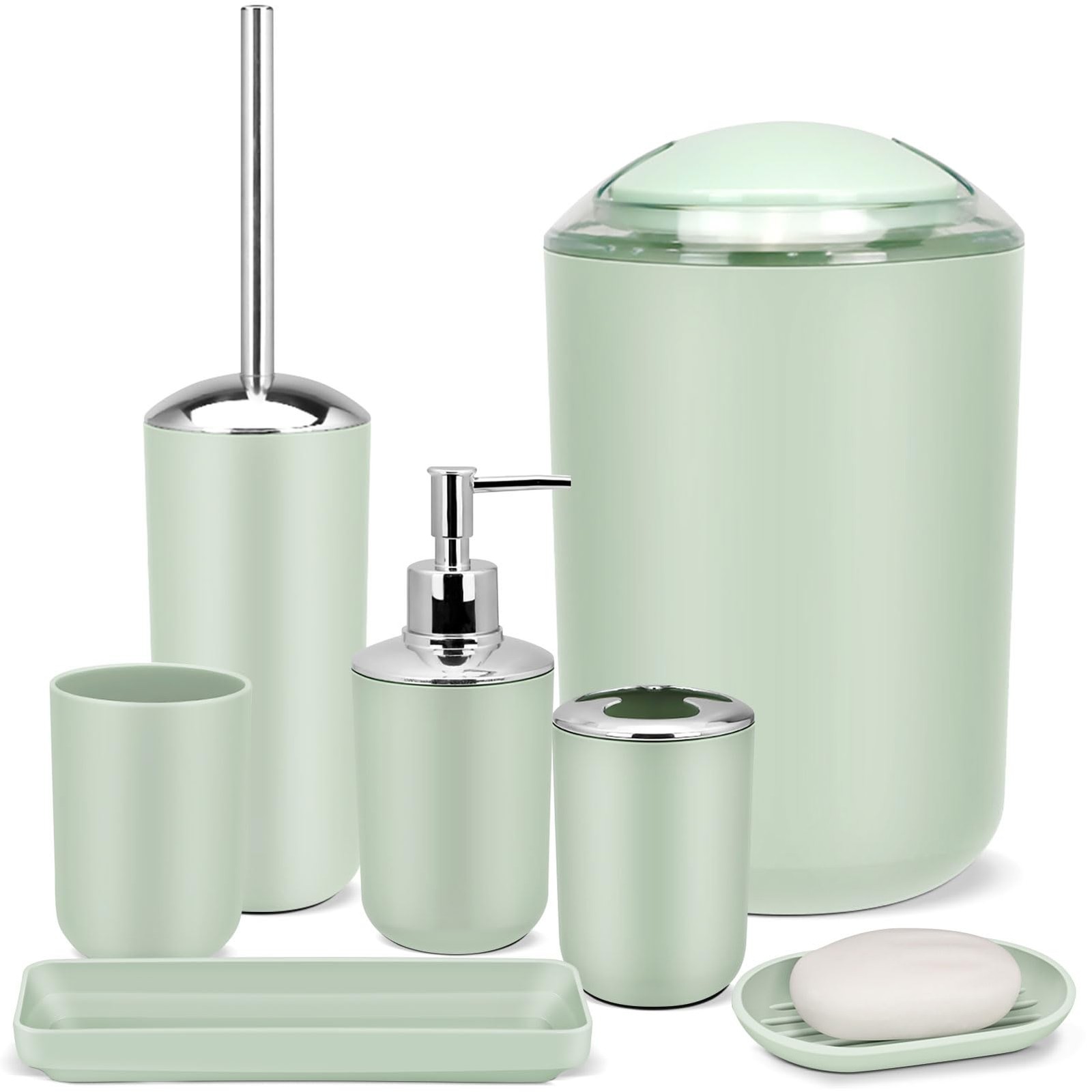Bathroom Accessory Set - 6 Piece Green Bathroom Accessories Set with Trash Can,