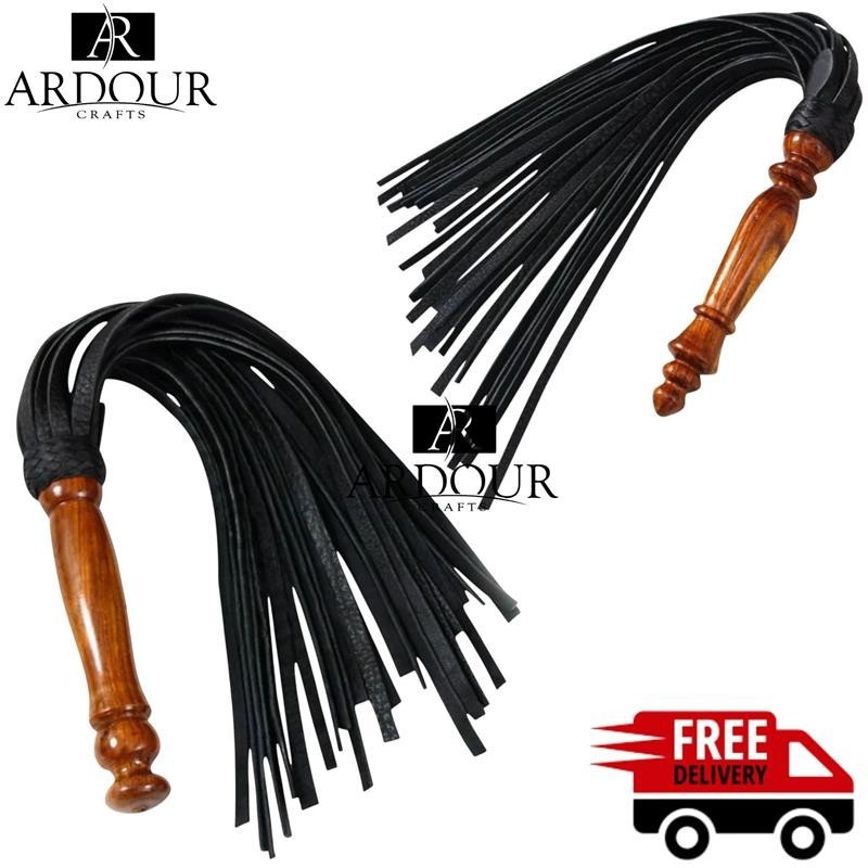 2 Pack Cowhide Leather Floggers 25 Falls Wooden Handle Handmade Adult Accessory