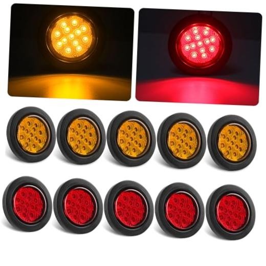 Konrali 2.5" Round LED Marker Lights 13 LEDs w/Reflectors, 5 Amber + 5 Red 2