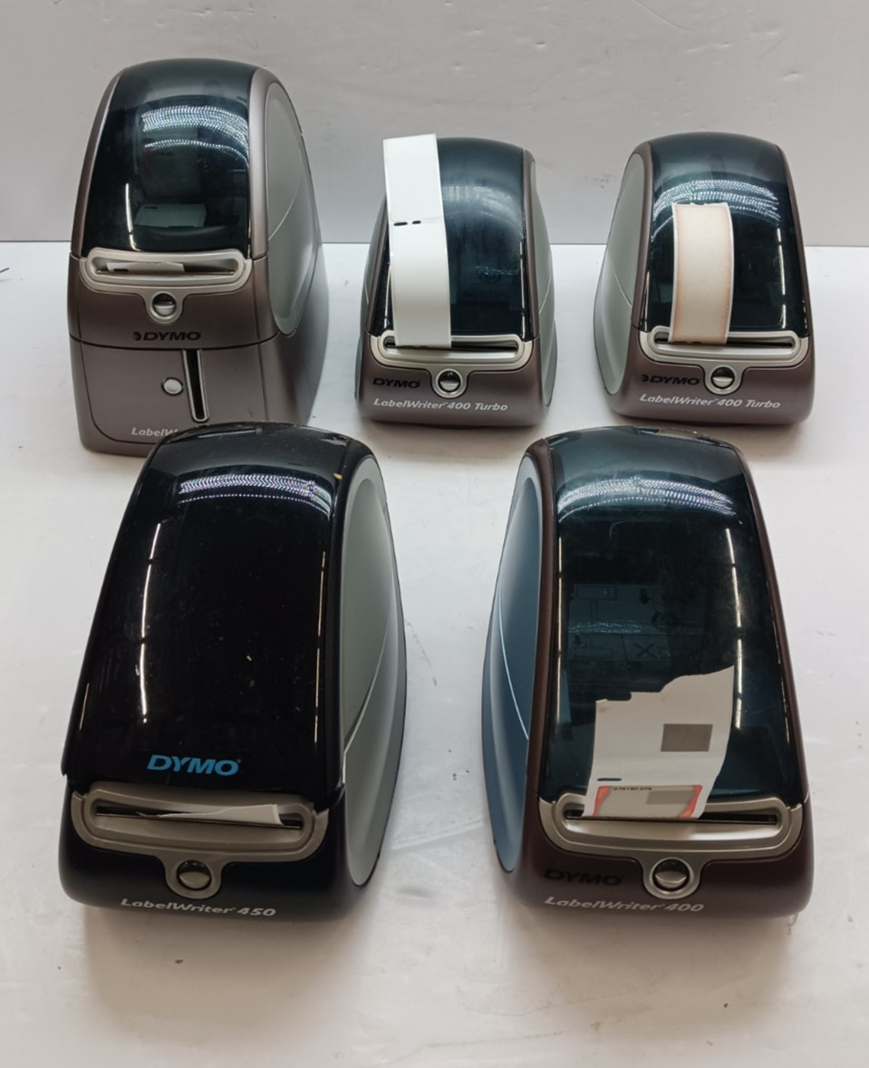 Dymo LabelWriter lot of 5- 2) 400 turbos, 1) 400, 1) 450  1) Duo For Parts/AS IS