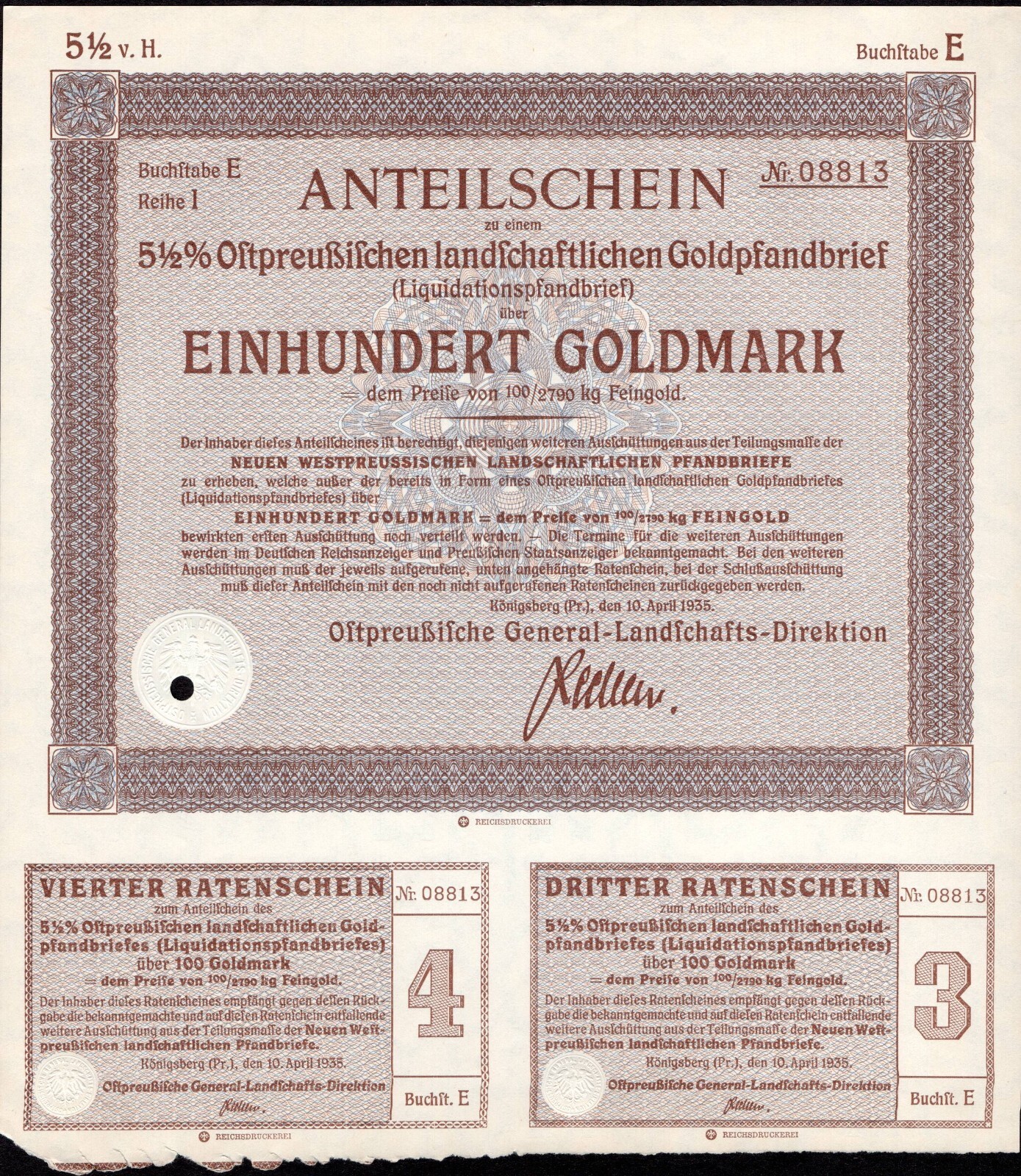 100 Goldmark 1935 - Königsberg  / Germany Loan Bond - Series: 08813 - "W73