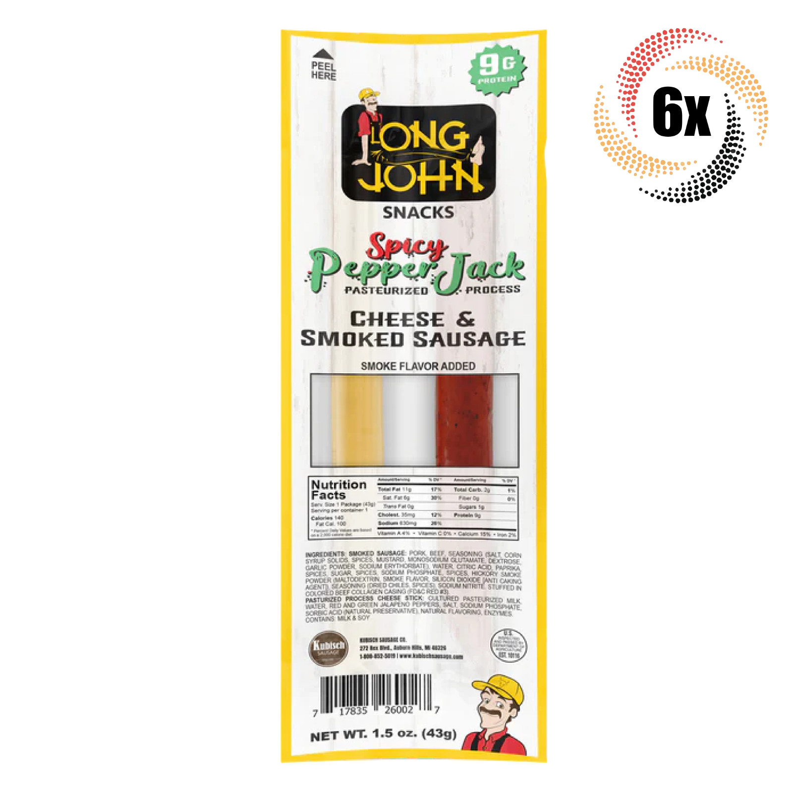6x Packs Long John Spicy Pepper Jack Cheese & Smoked Sausage Snack | 1.5oz