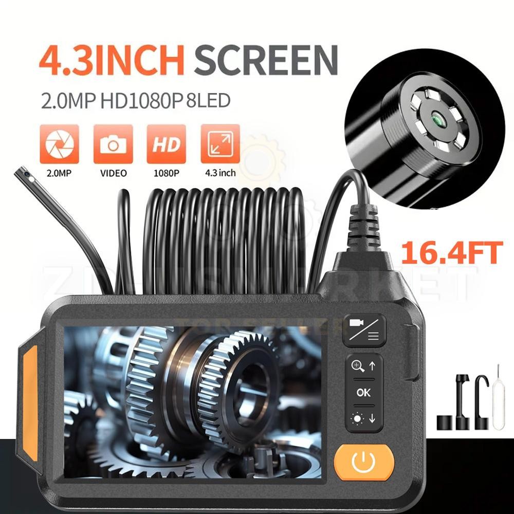 Endoscope Camera Borescope 16.4FT Cable 4.3" Screen with 8 LED Lights Dual Lens
