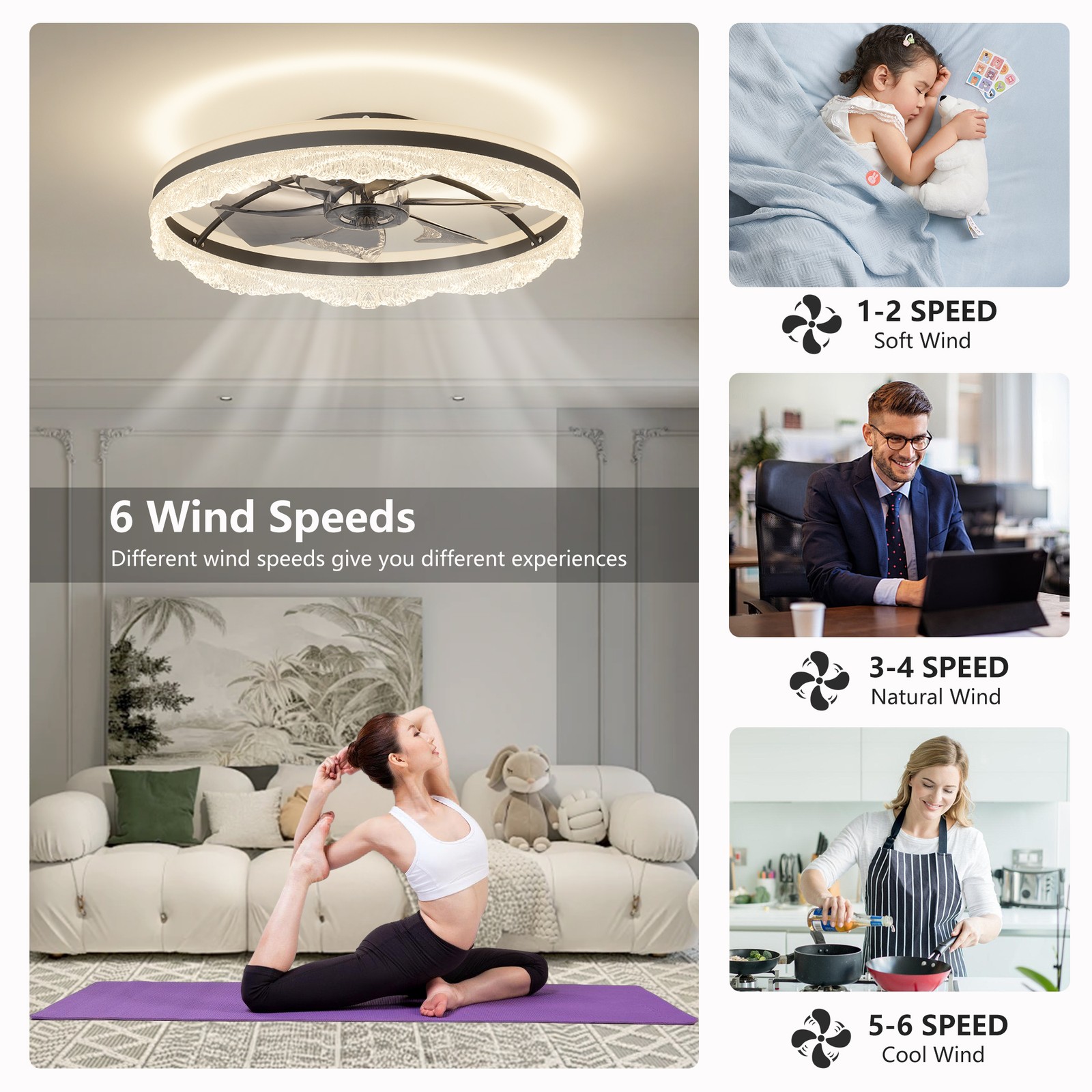 24" Flush Mount Modern Ceiling Fan Light LED Dimmable Lamp Fixture Kit w Remote