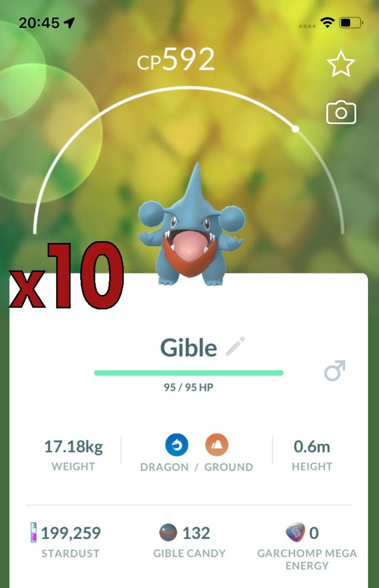 10x Gible Pokemon Bundle !! Good Chance of Lucky and Good IVs !! Go
