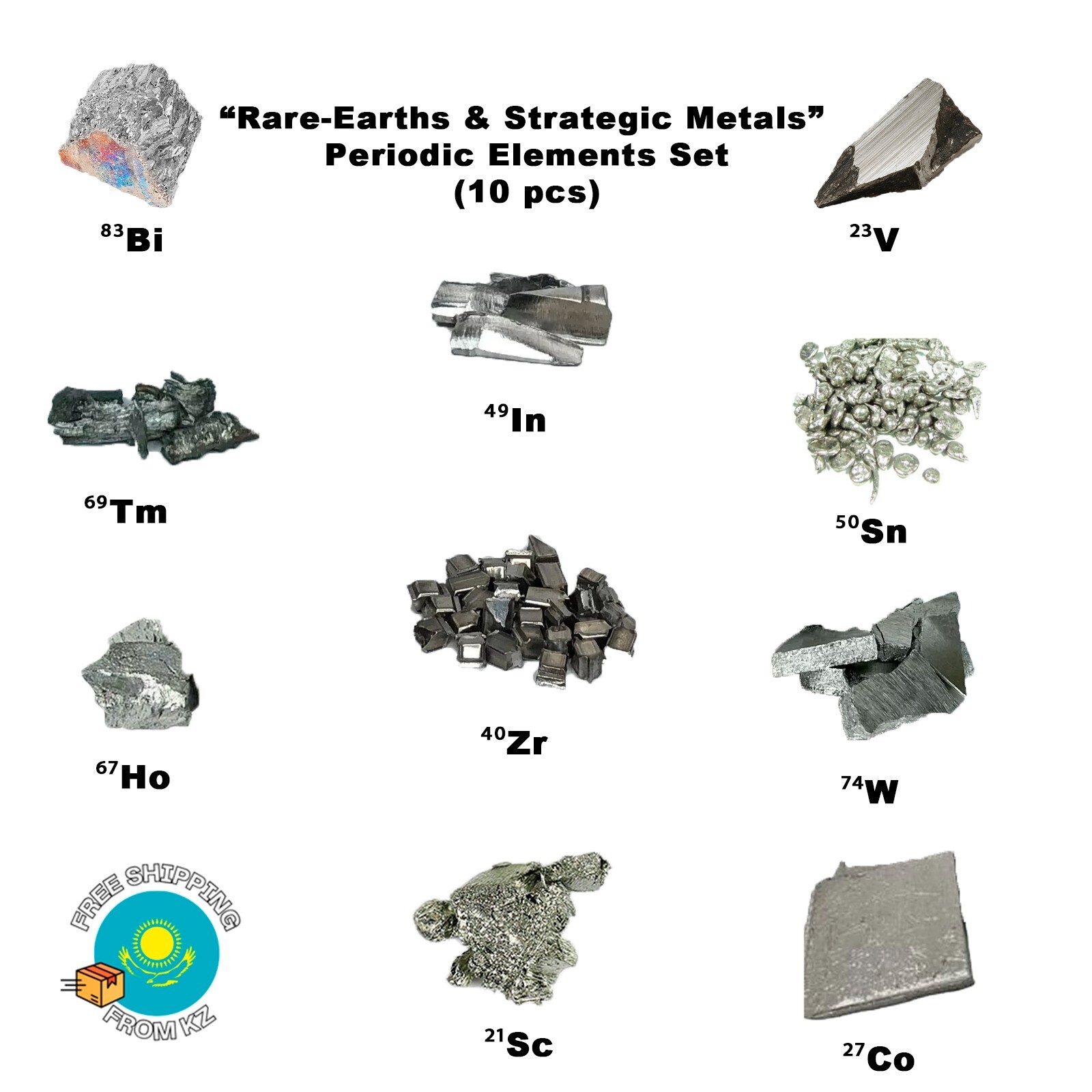 Rare Earth Periodic Table Set Kit 10 Metal Samples Sc Tm Ho Sn W V Zr Co In Bi