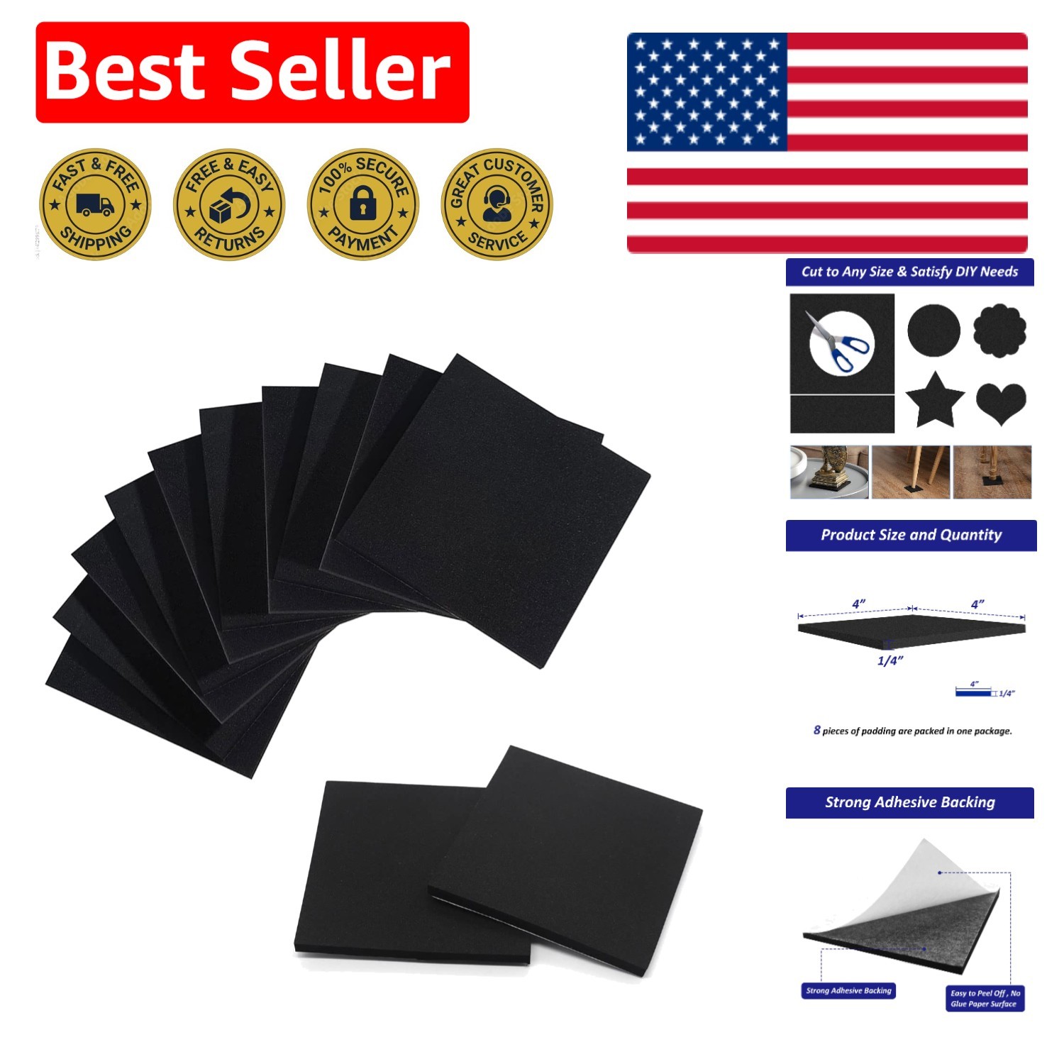 Durable 1/4" Thick Neoprene Foam Sheets with Strong Adhesive Backing – 4 Pack