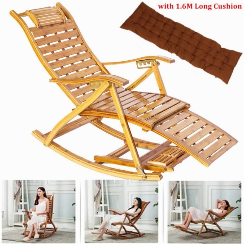 Adjustable Rocking Chair w/Cushion Folding Bamboo Recliner Backyard Porch Sofa