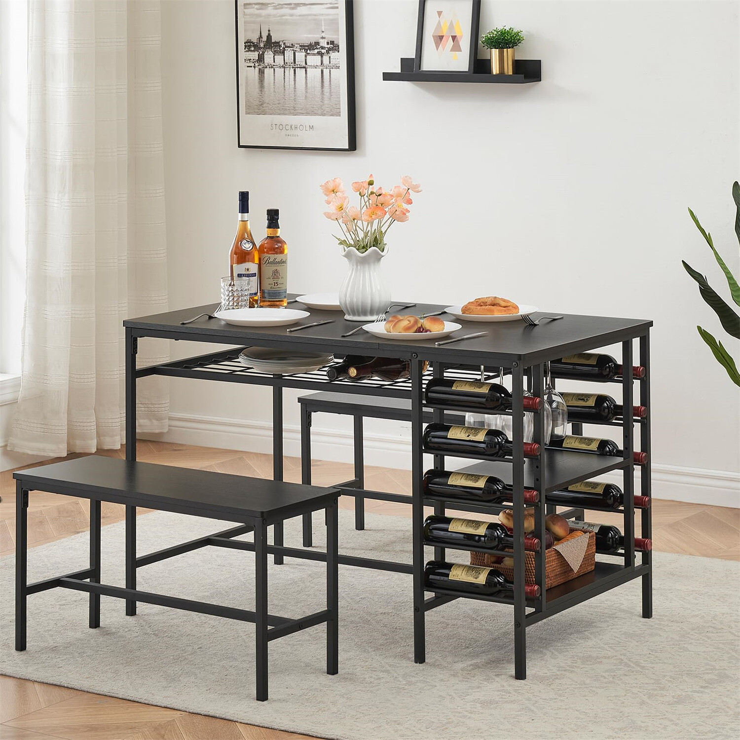 Dining Table Set for 4 3 Pieces Kitchen Table Set with 2 Benches Wine Rack