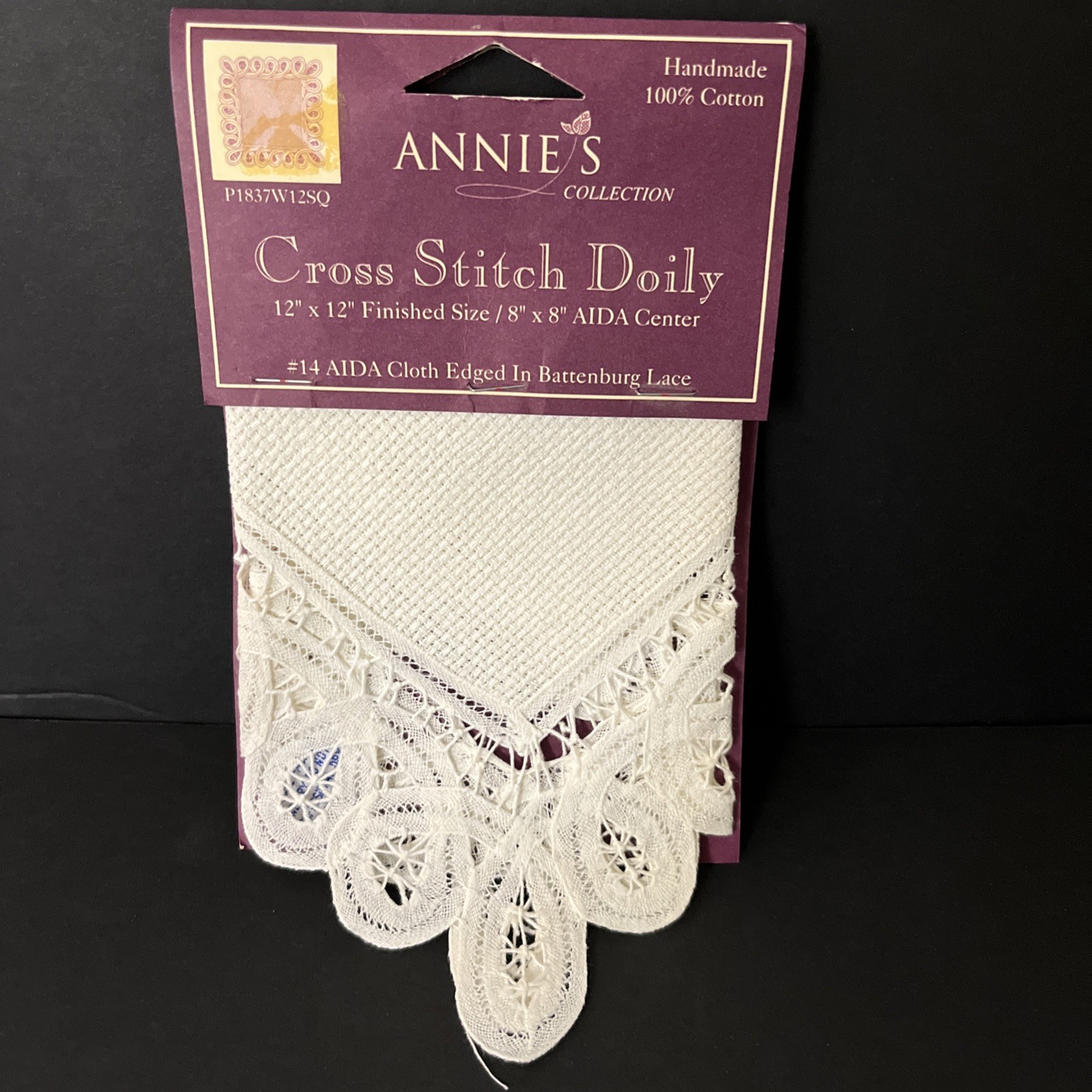 Annies Cross Stitch Doily 14 Aida Cloth Battenburg Lace Edging 12" x 12" Handmad