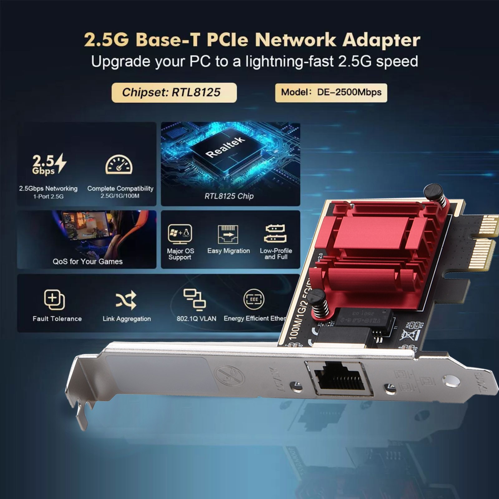 Network Adapter Card 2.5G PCI-E To RJ45 RTL8125 Computer Modification Accessory