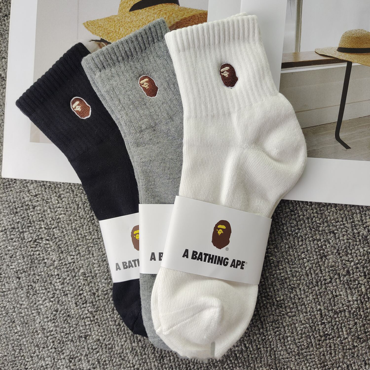 BAPE A Bathing Ape Head Embroidered Crew Socks - 3pcs