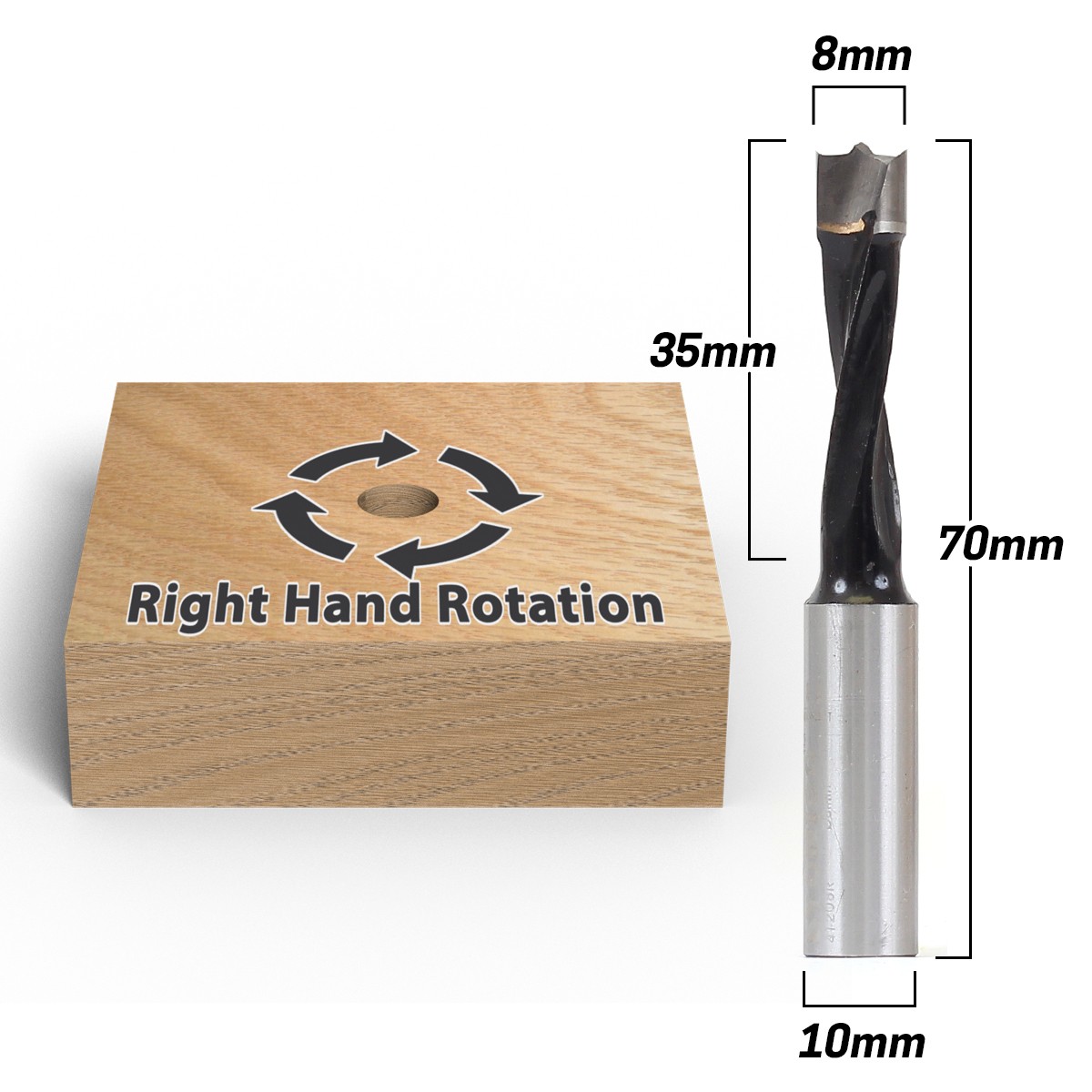 8mm Brad Point Boring Bit - Right Hand - 70mm - 10mm Shank - Yonico 41208R