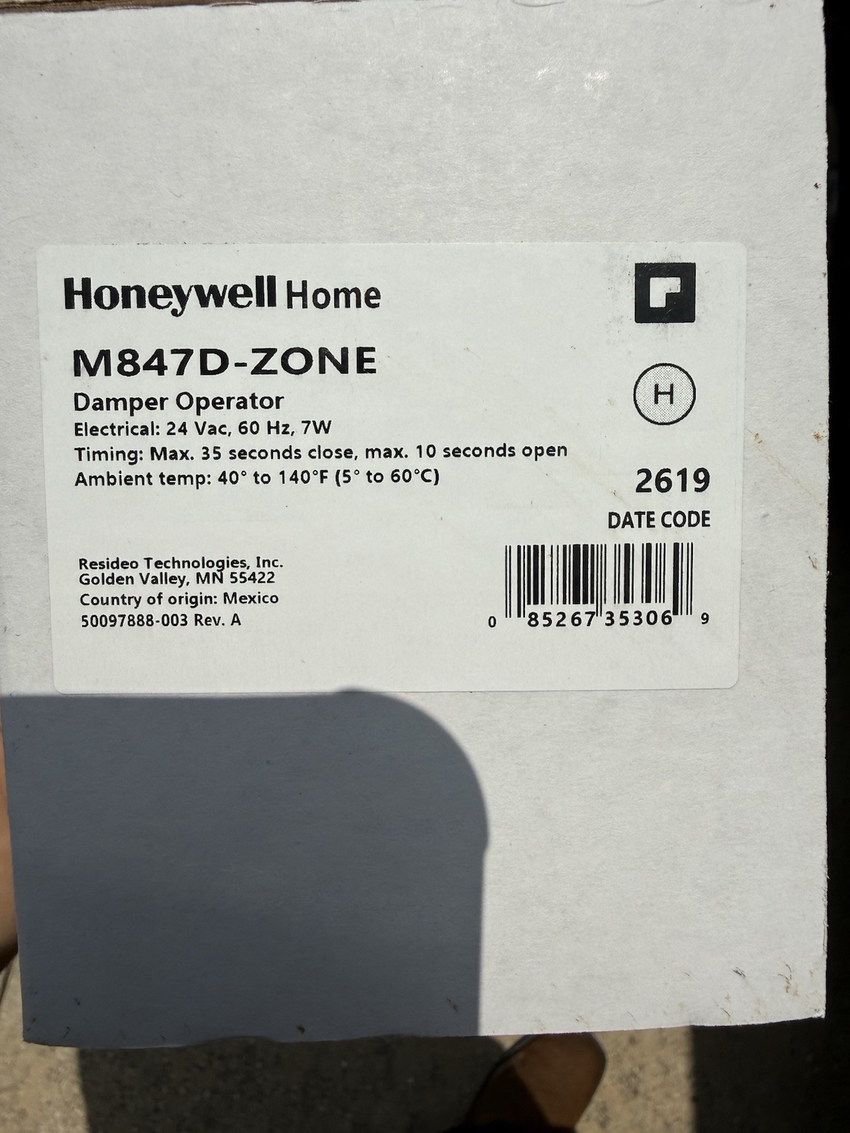 Honeywell Home M847D-ZONE Damper Actuator 24V Corded Electric Plastic Metal