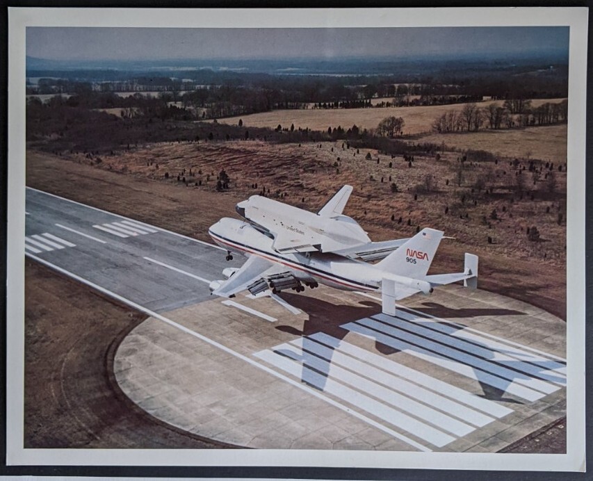 NASA Press Photo Space Shuttle Orbiter Enterprise piggyback on 747 landing  MSFC