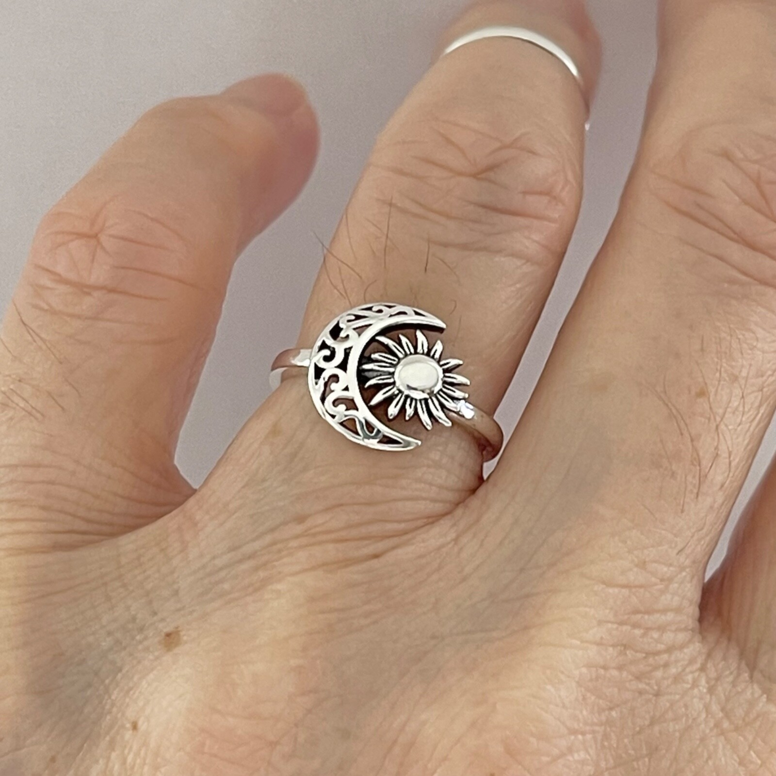 Sterling Silver Filigree Moon Face and Sun Ring, Celestial Silver Rings