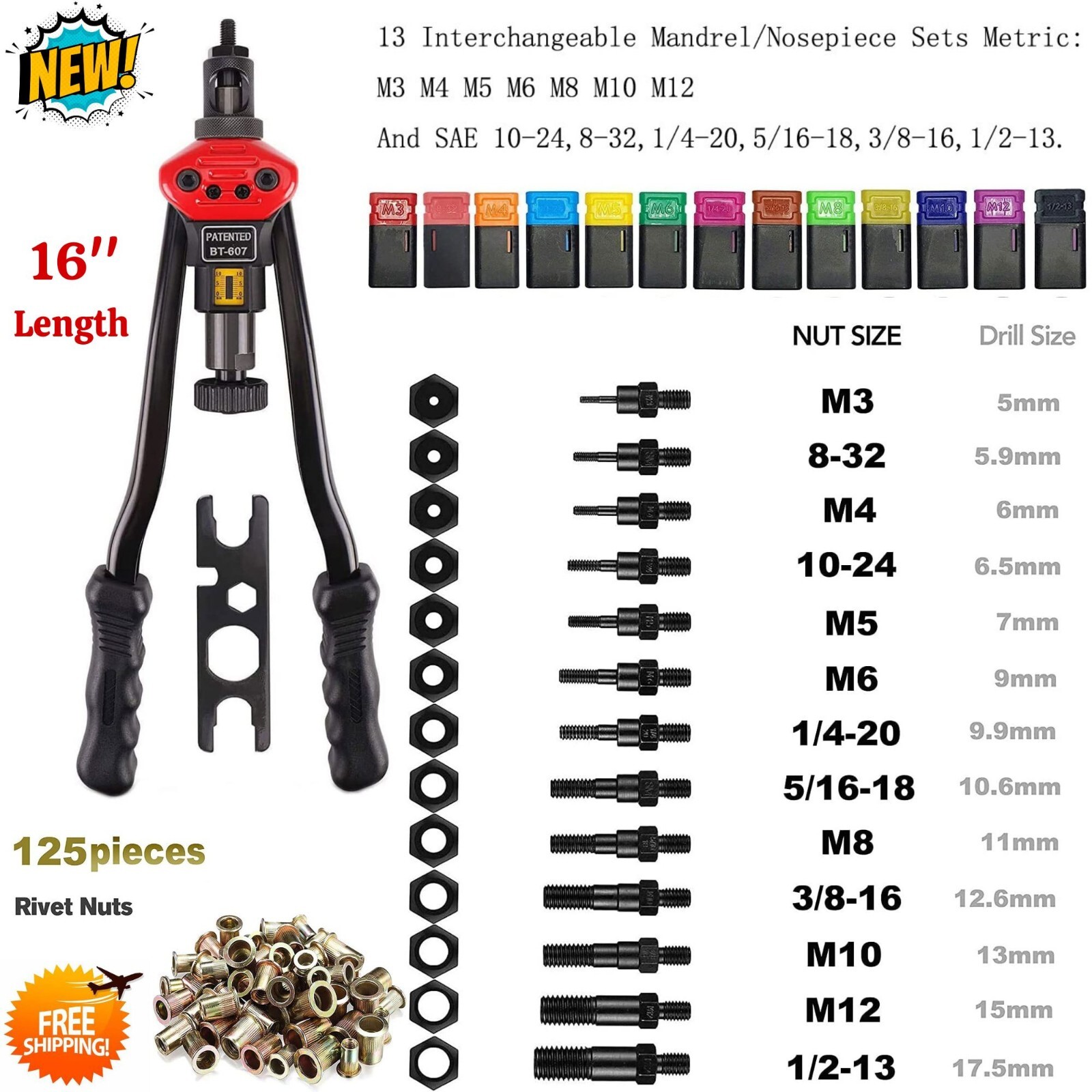 16”Hand Rivet Nut Setter Kit Tool Inserts Mandrels Compact Metric/SAE Car Garage