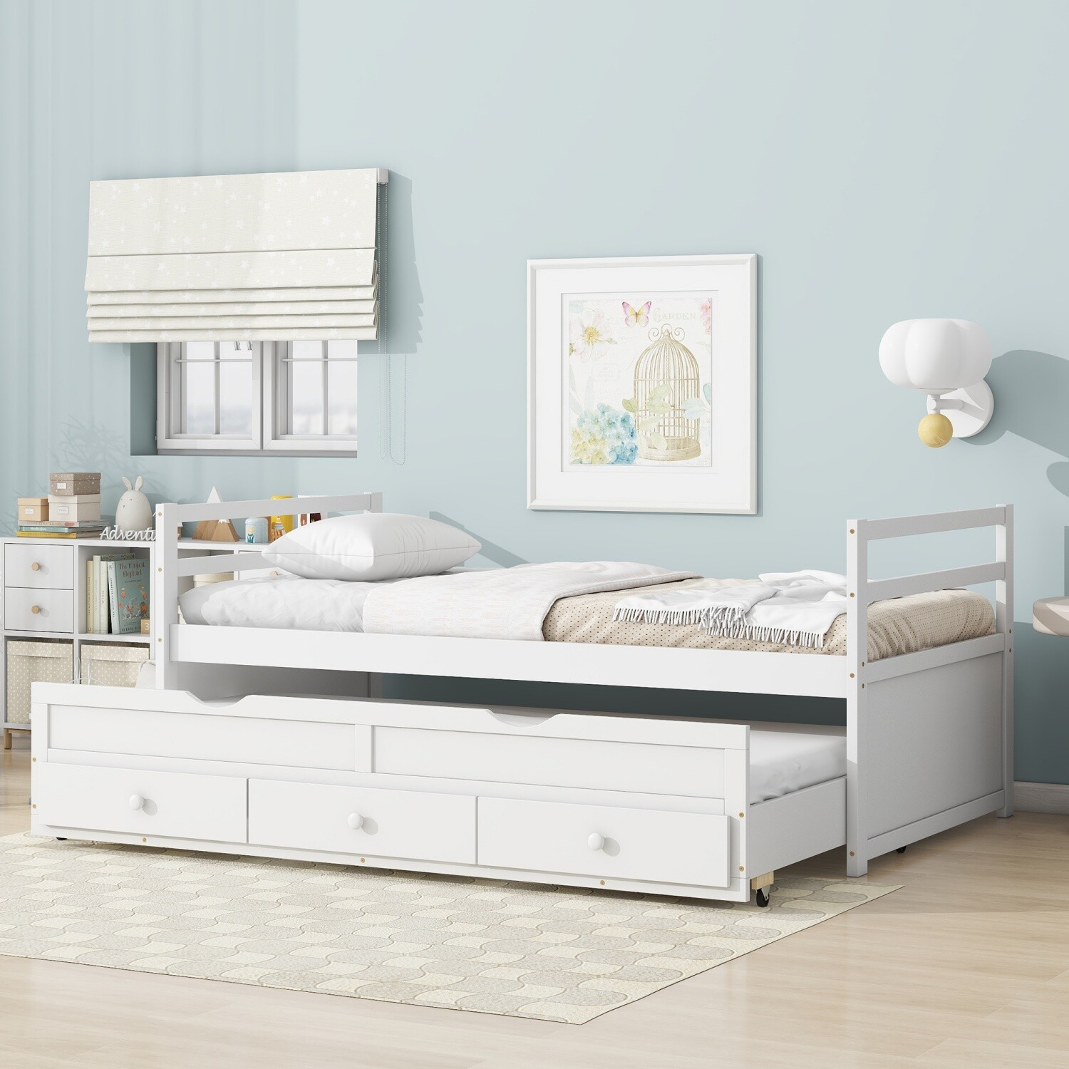 Twin Size DayBed Wood Platform Bed w/ Trundle & 3 Drawers White/Gray/Espresso