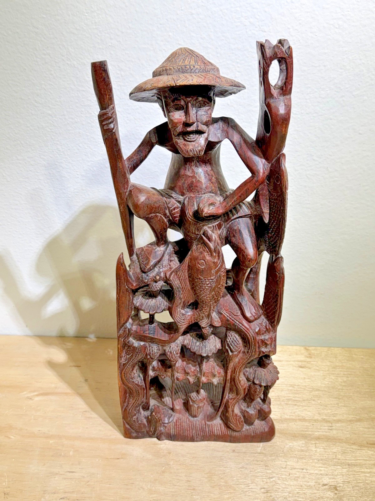Vintage Hand-Carved Wood Fisherman with Fish Stringer | Detailed & Ornate Design