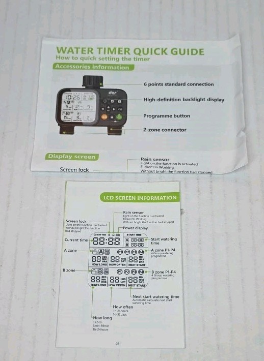 Dar 2 Zone Water Timer WT08 with Dual Outlets New